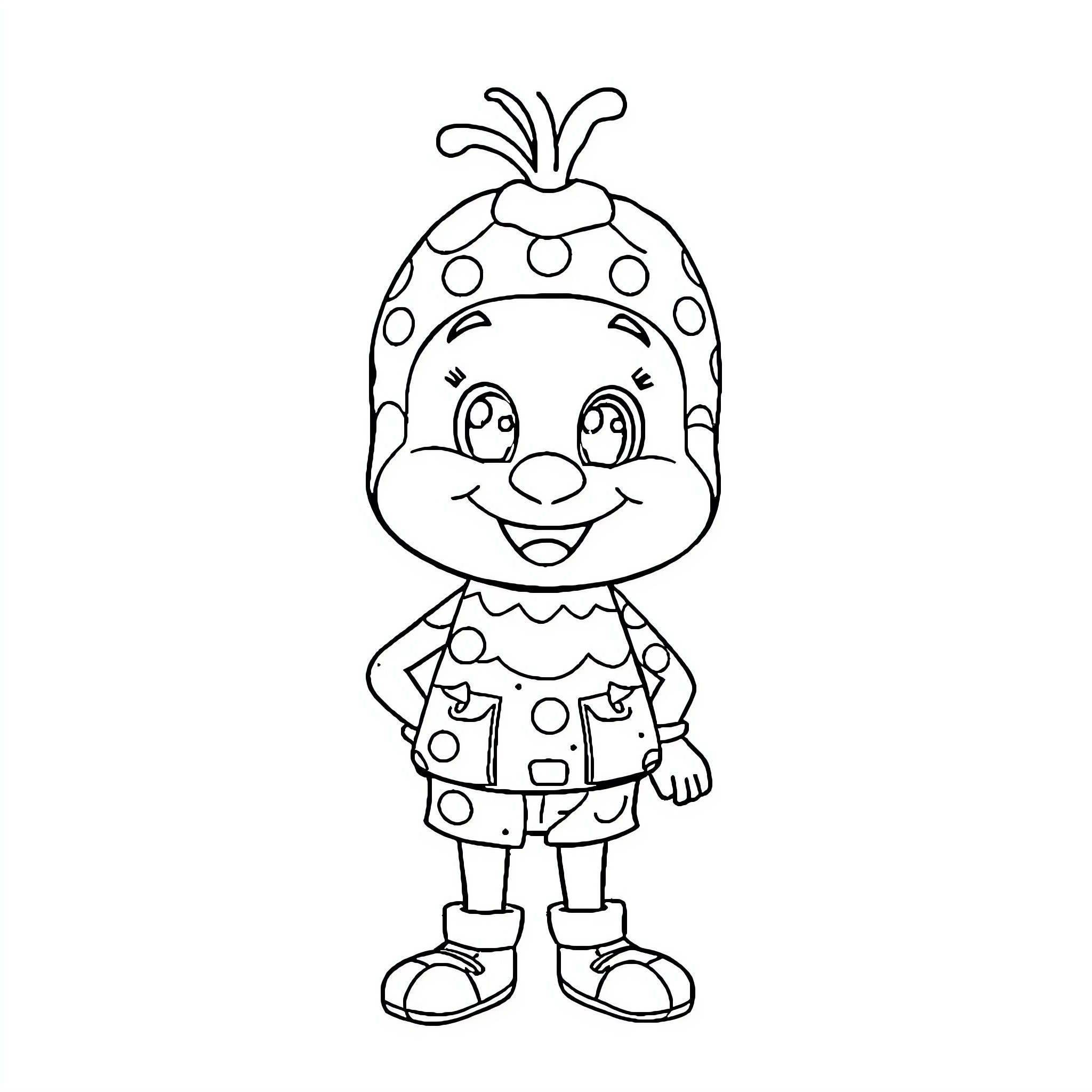 Labubu the Cheerful Cartoon Character Coloring Page (free black-and-white line drawing printable PDF for all, from beginners to advanced learners, including children, teens, adults, and seniors)