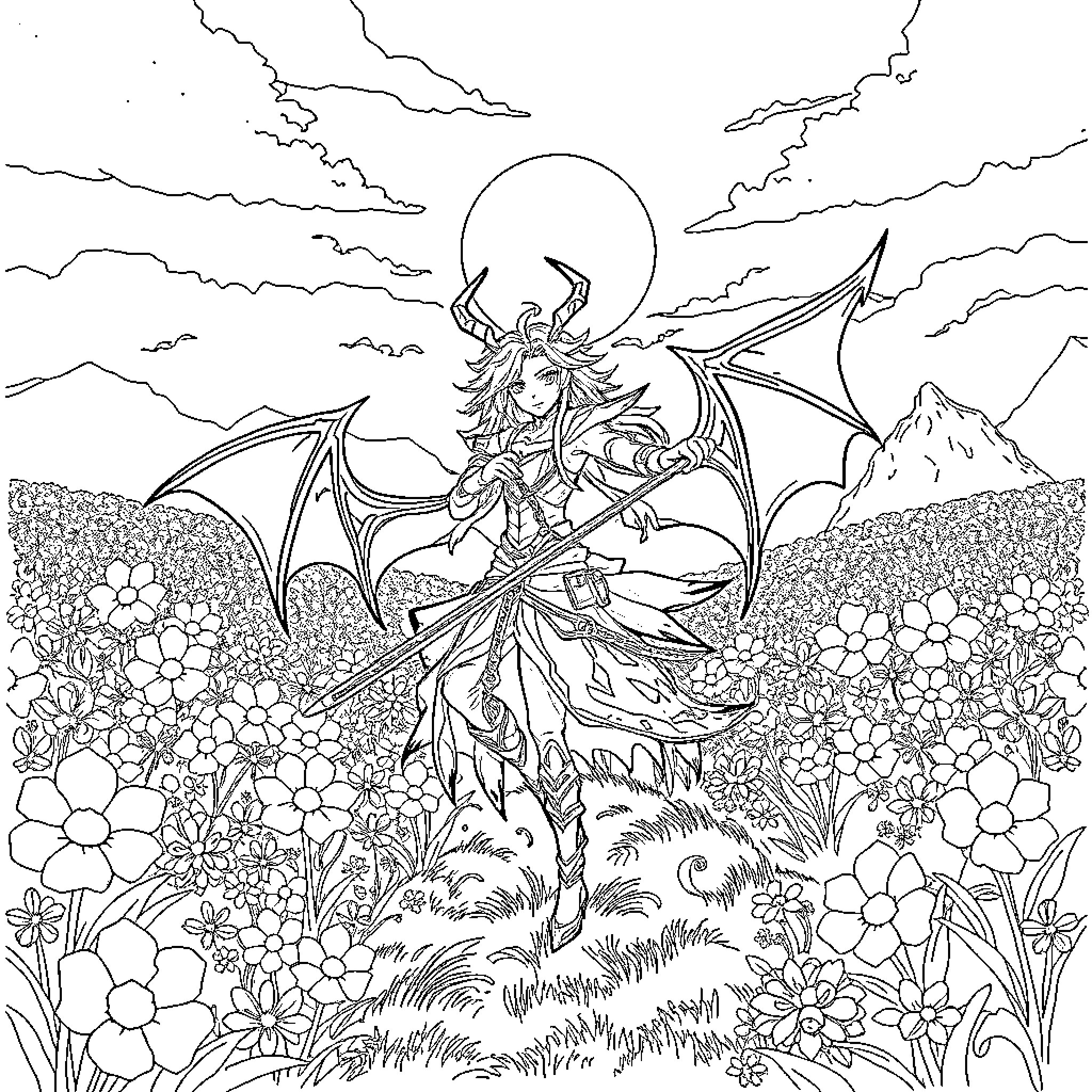 Tanjiro wielding sword in flower-filled landscape Coloring Page (free black-and-white line drawing printable PDF for all, from beginners to advanced learners, including children, teens, adults, and seniors)