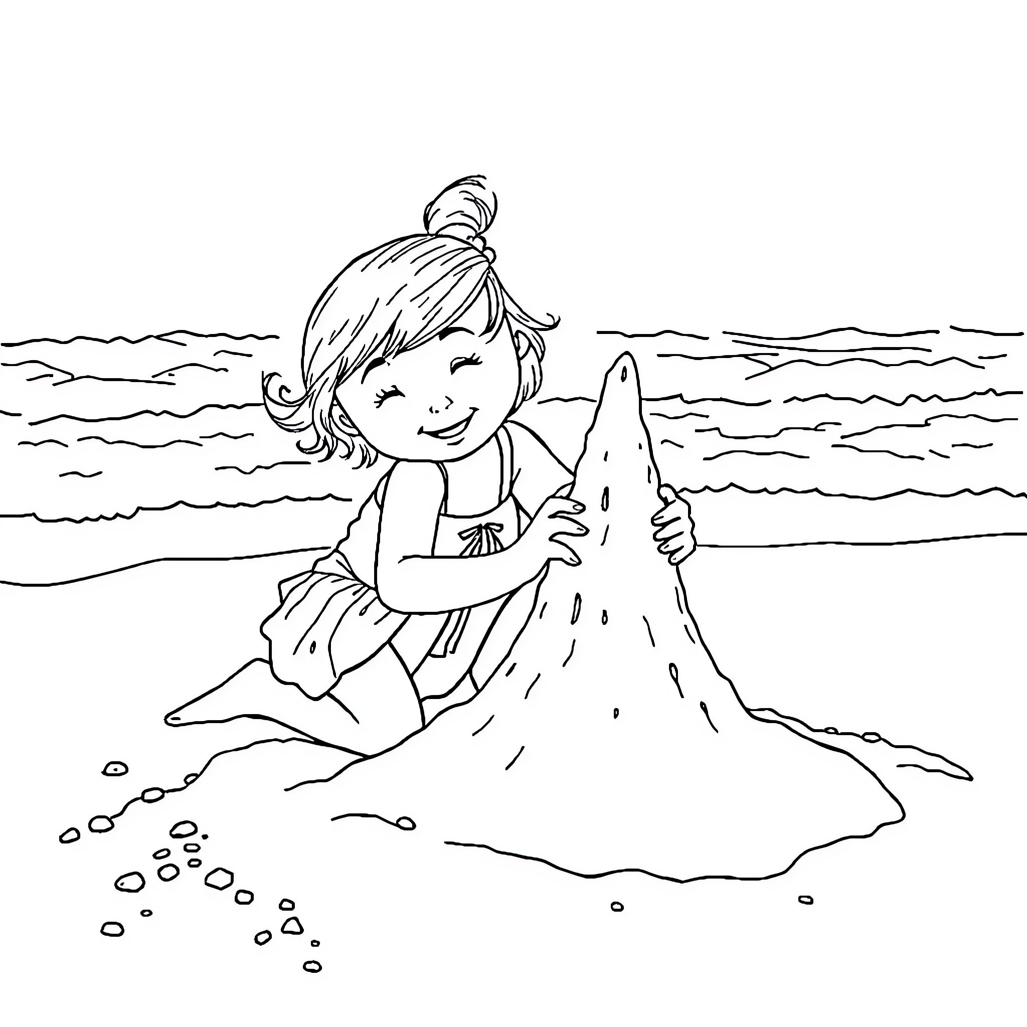 Daughter building a sandcastle at the beach Coloring Page (free black-and-white line drawing printable PDF for all, from beginners to advanced learners, including children, teens, adults, and seniors)