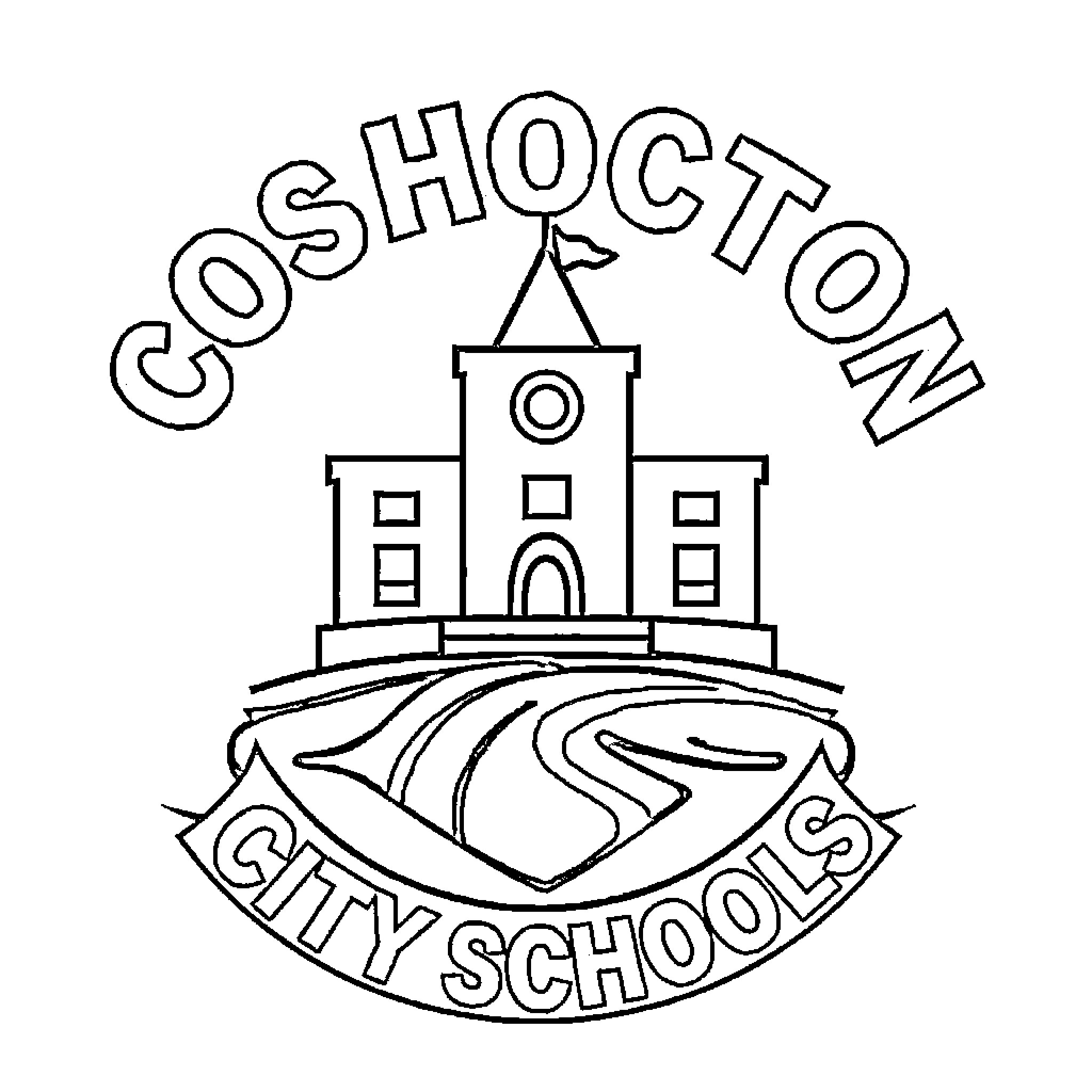 Coshocton City Schools logo with school building and landscape Coloring Page (free black-and-white line drawing printable PDF for all, from beginners to advanced learners, including children, teens, adults, and seniors)