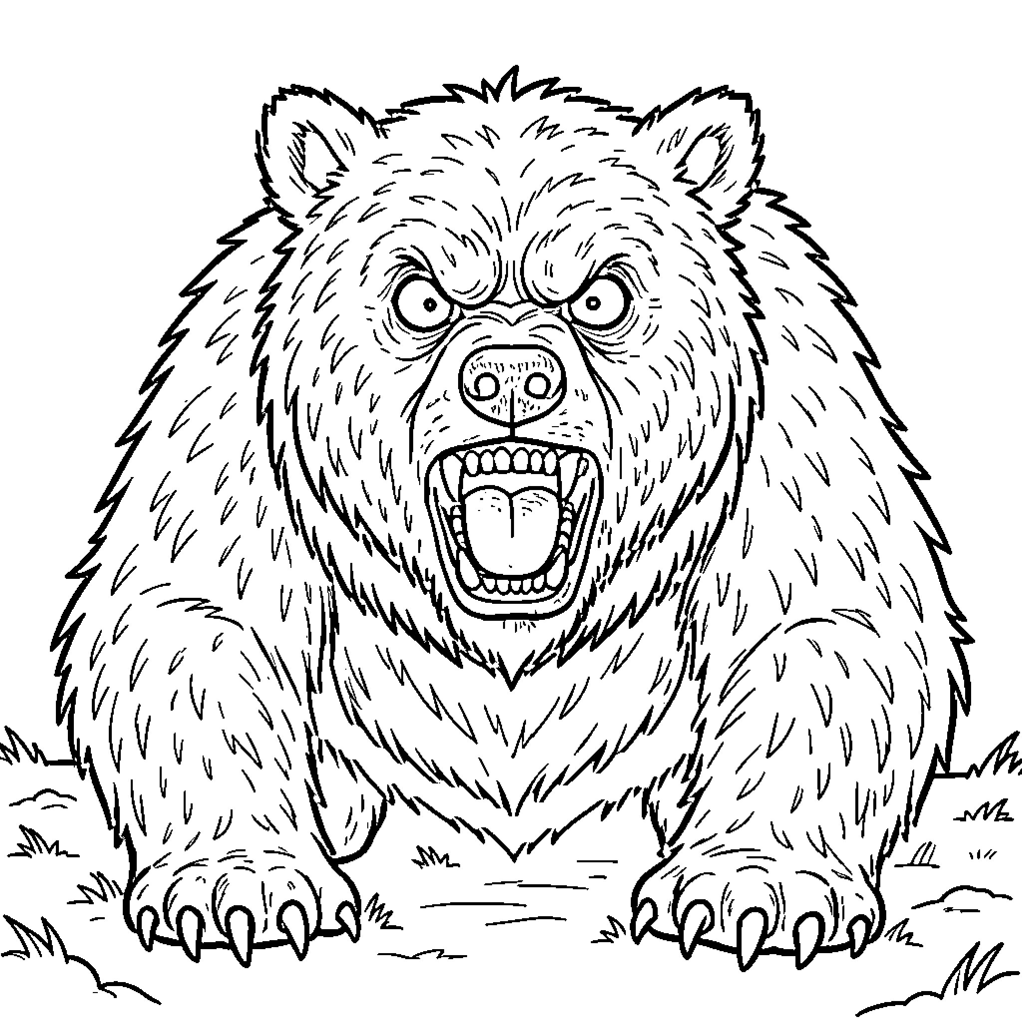 Oso Growling Aggressively in the Wild Coloring Page (free black-and-white line drawing printable PDF for all, from beginners to advanced learners, including children, teens, adults, and seniors)