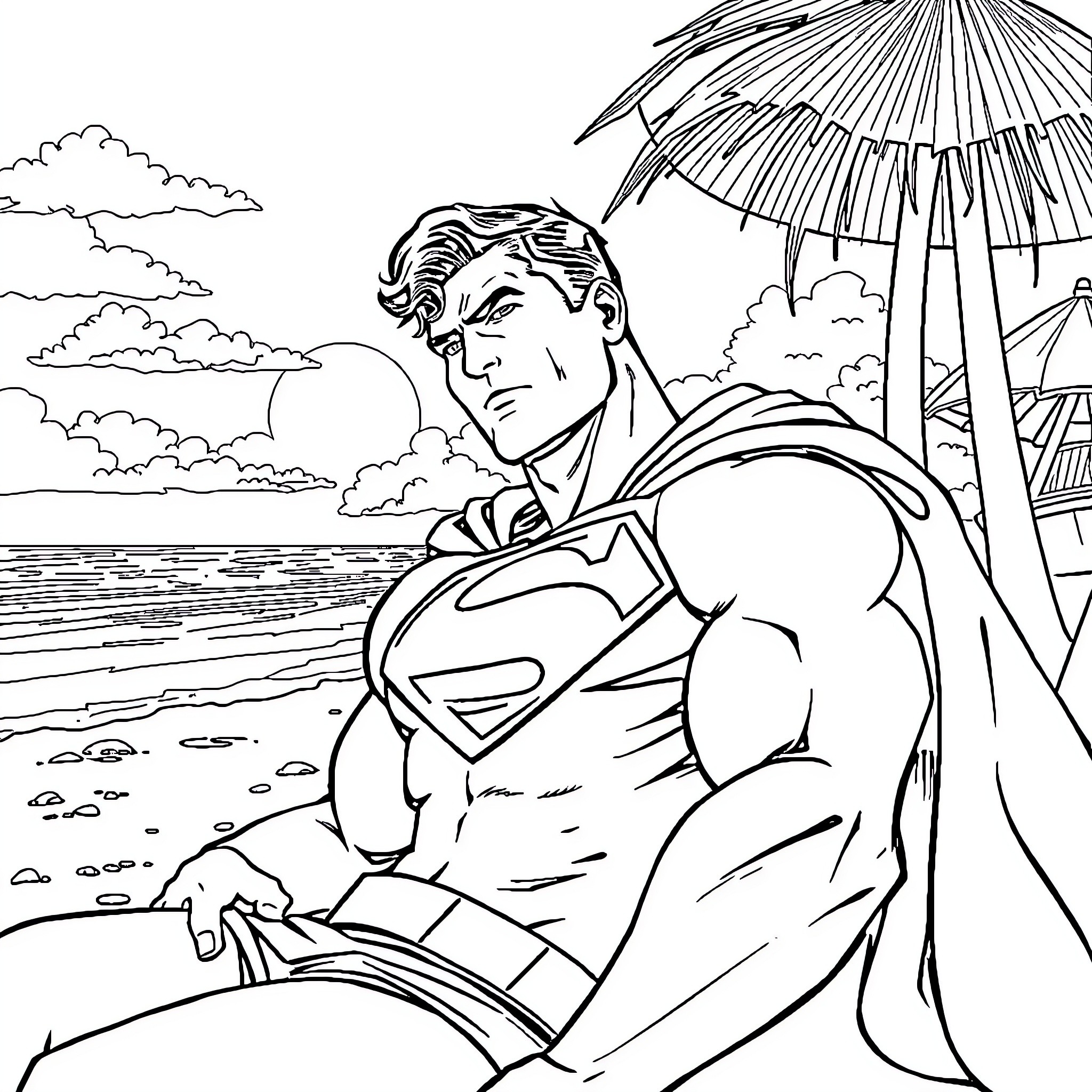 Superman resting on a beach under a parasol Coloring Page (free black-and-white line drawing printable PDF for all, from beginners to advanced learners, including children, teens, adults, and seniors)