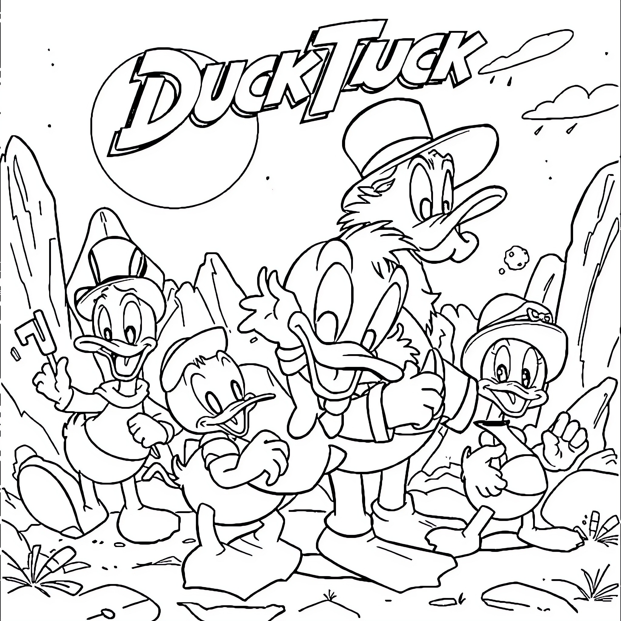 Duck Luck: Ducks in Mischievous Adventure Coloring Page (free black-and-white line drawing printable PDF for all, from beginners to advanced learners, including children, teens, adults, and seniors)