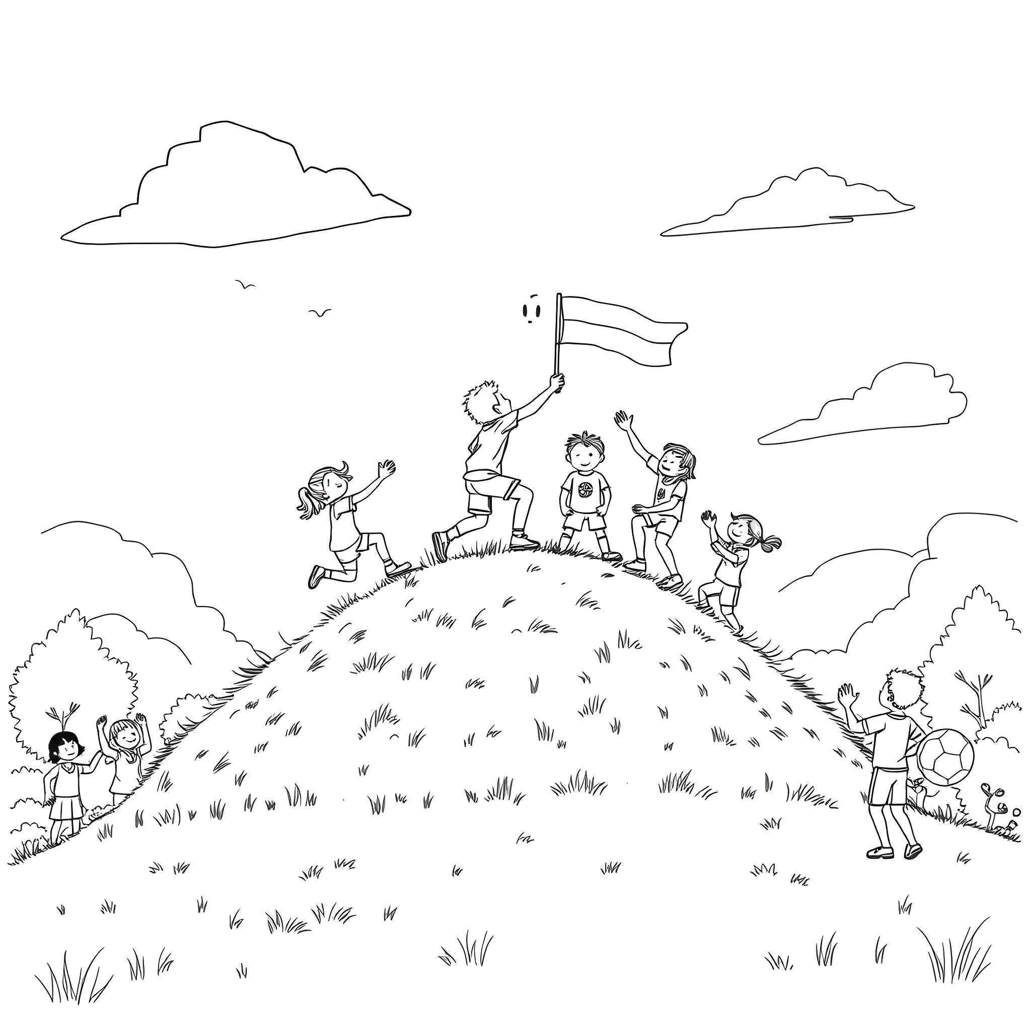 King's Children Joyfully Celebrate on Hill Coloring Page (free black-and-white line drawing printable PDF for all, from beginners to advanced learners, including children, teens, adults, and seniors)