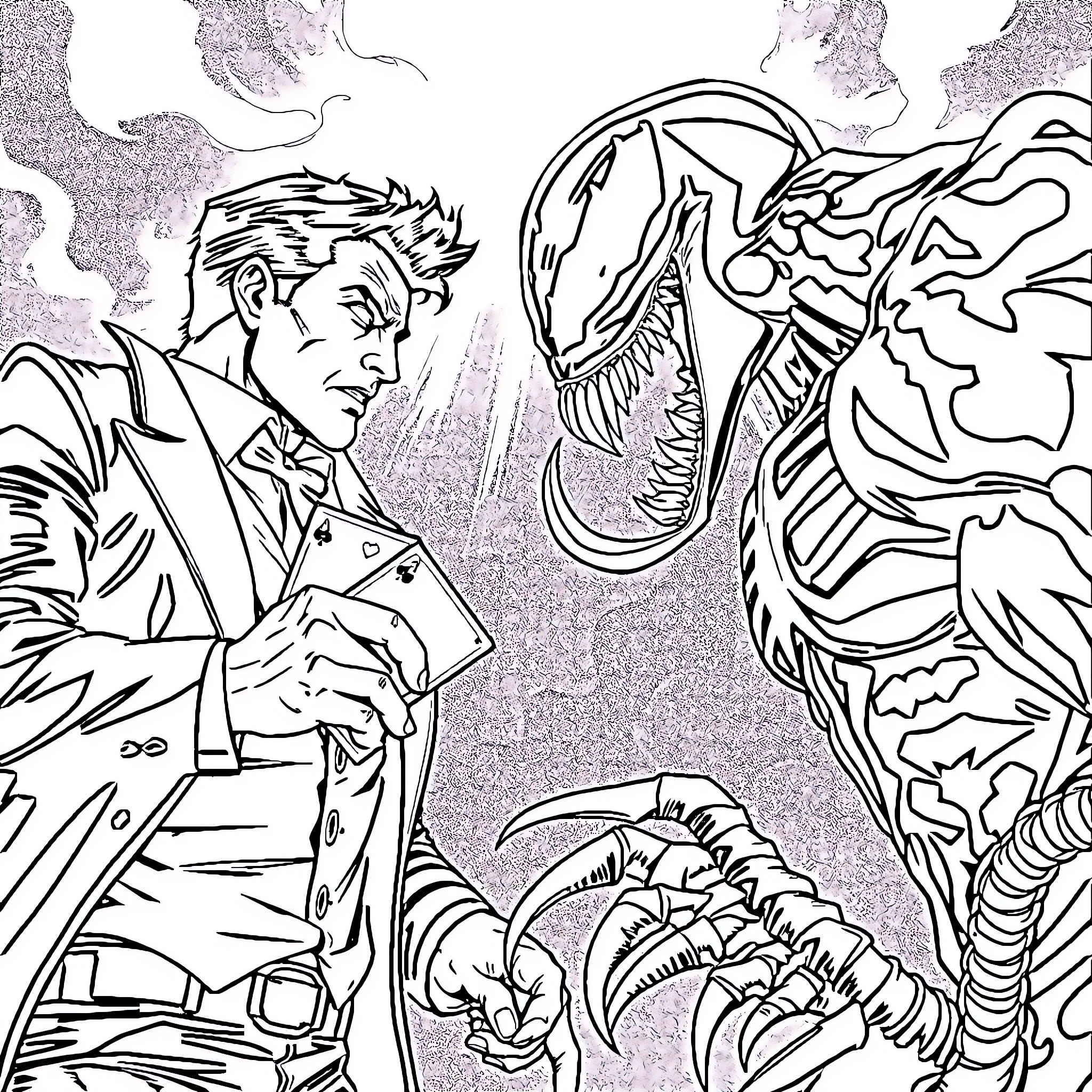 Gambit's Confrontation with Venom's Menacing Presence Coloring Page (free black-and-white line drawing printable PDF for all, from beginners to advanced learners, including children, teens, adults, and seniors)