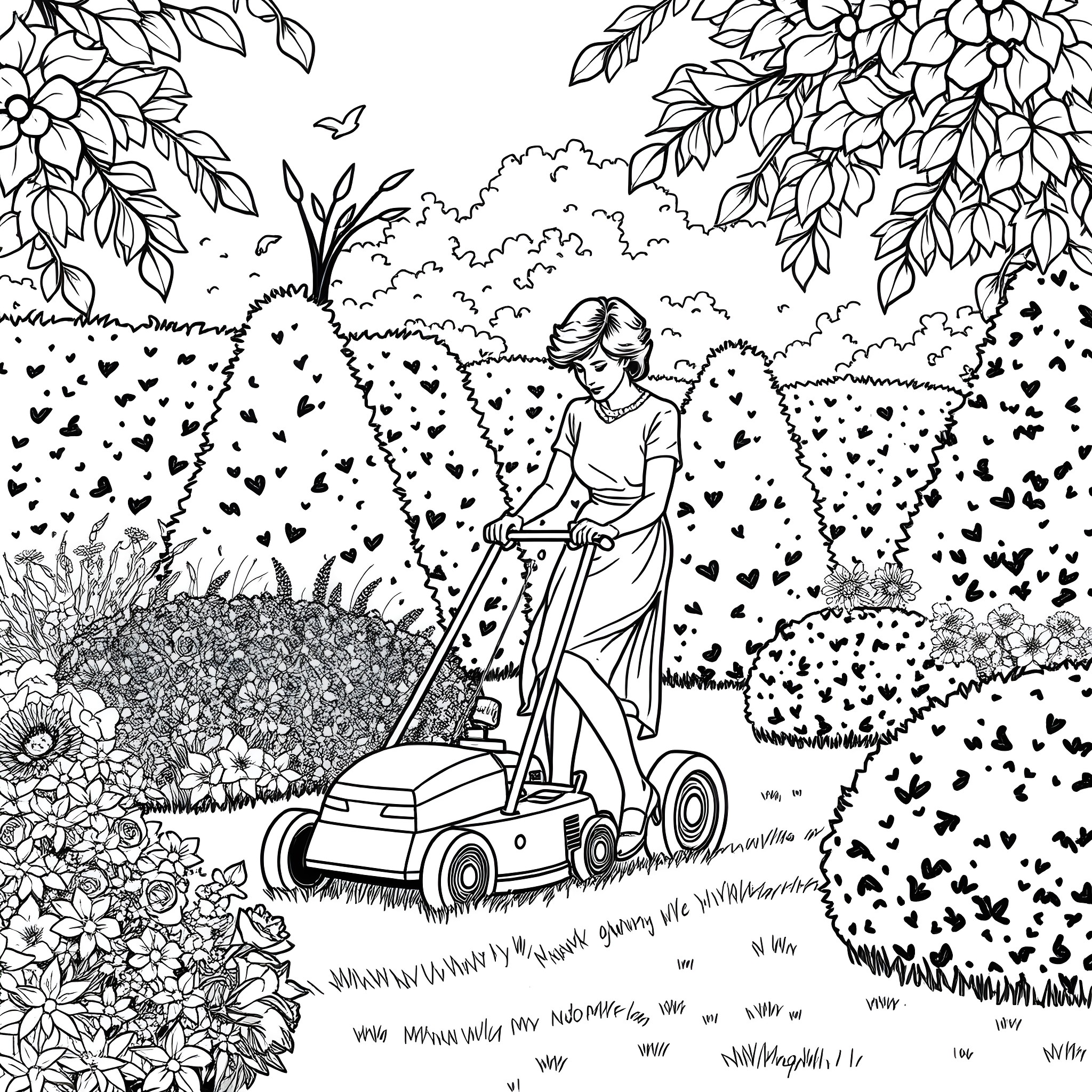 Princess mowing the lawn in a flower garden Coloring Page (free black-and-white line drawing printable PDF for all, from beginners to advanced learners, including children, teens, adults, and seniors)