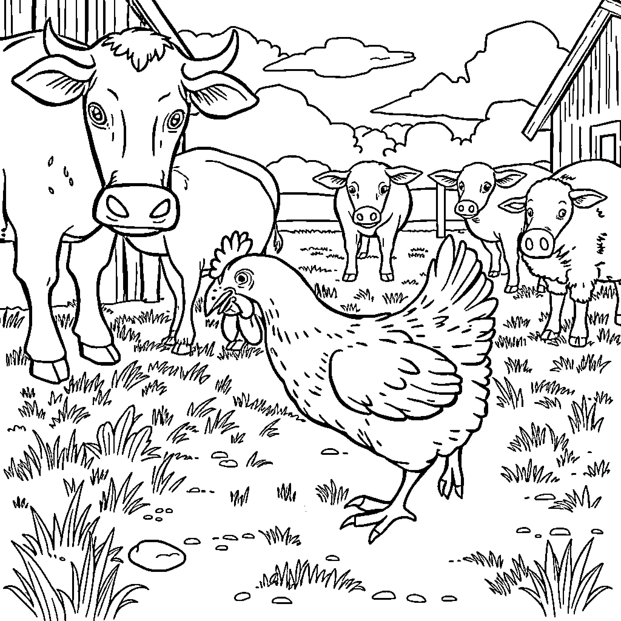 Chicken and farm animals in a countryside scene Coloring Page (free black-and-white line drawing printable PDF for all, from beginners to advanced learners, including children, teens, adults, and seniors)
