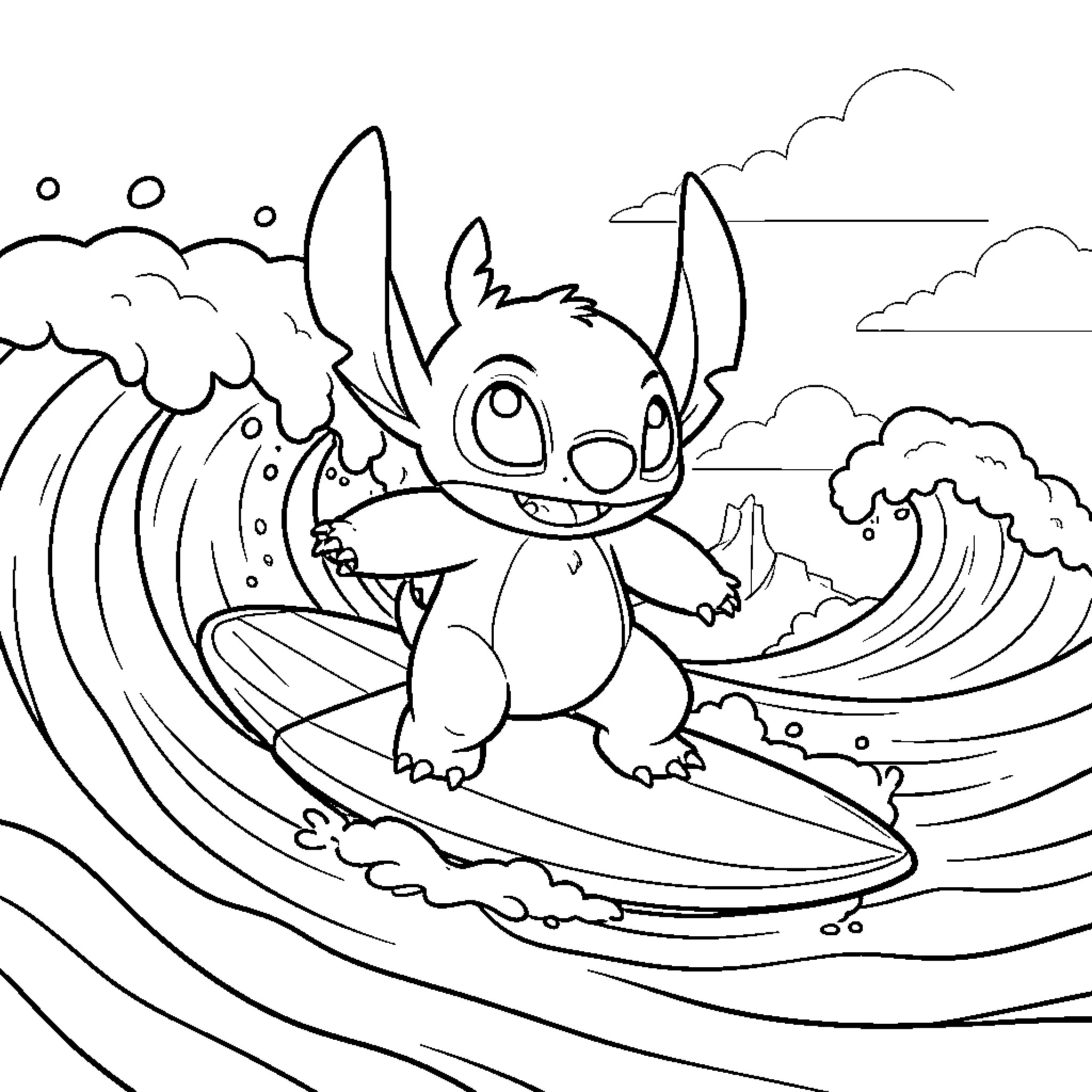 Stitch surfing happily on a large ocean wave Coloring Page (free black-and-white line drawing printable PDF for all, from beginners to advanced learners, including children, teens, adults, and seniors)