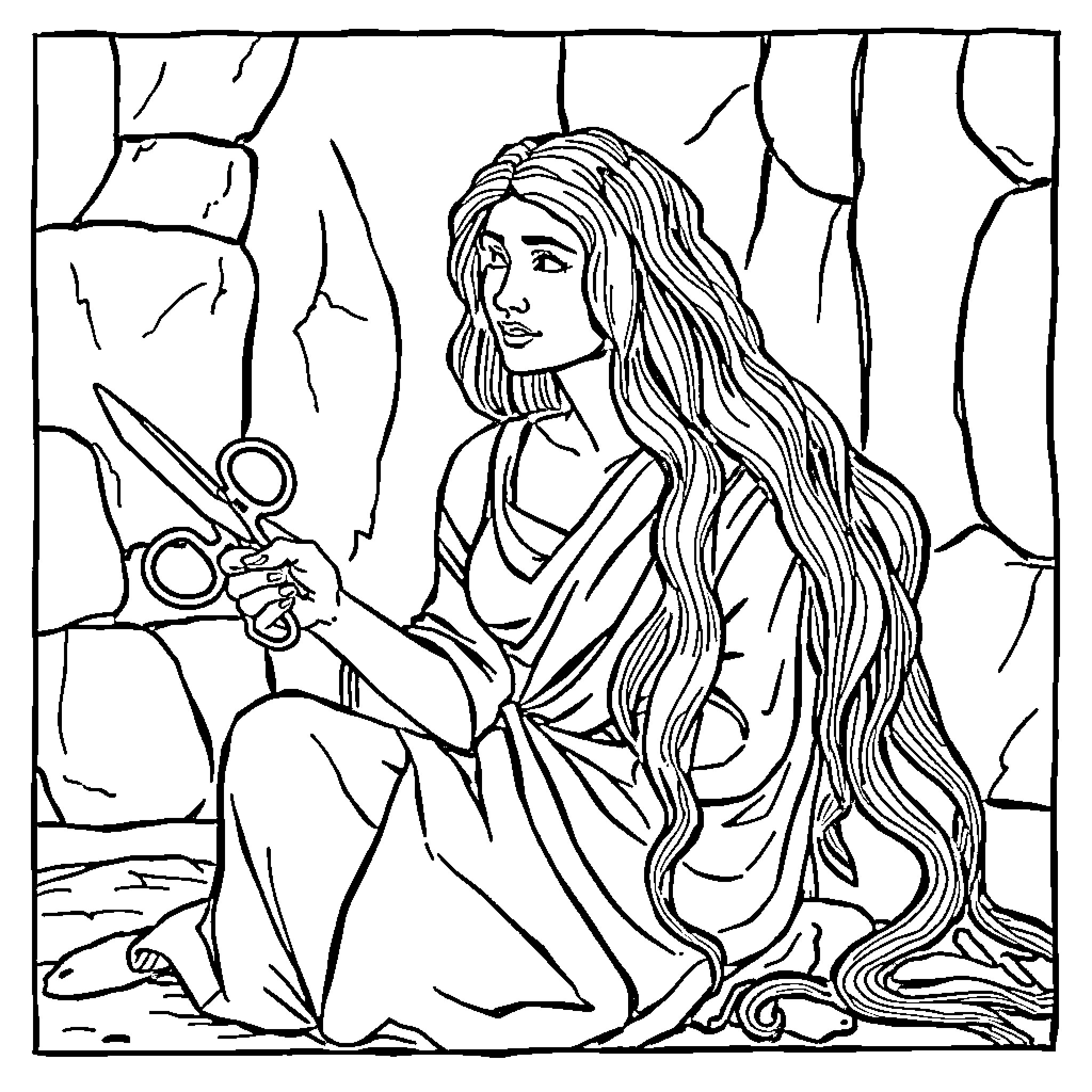 Delilah's Contemplative Moment Coloring Page (free black-and-white line drawing printable PDF for all, from beginners to advanced learners, including children, teens, adults, and seniors)