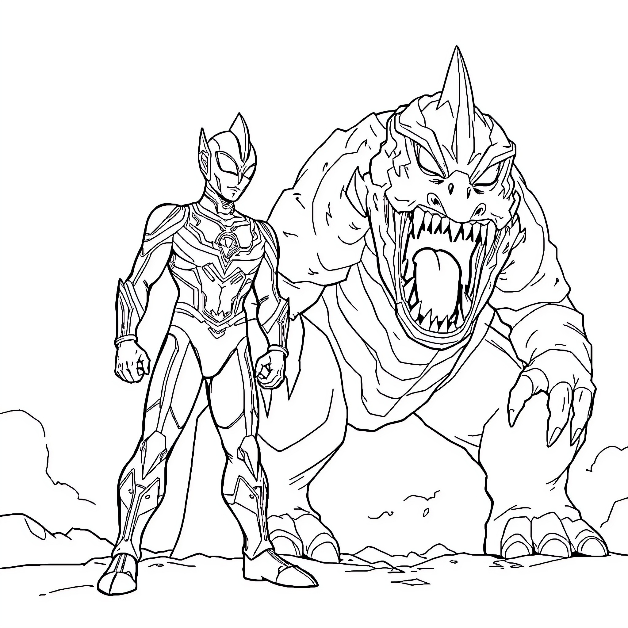 Ultraman confronting a monstrous creature Coloring Page (free black-and-white line drawing printable PDF for all, from beginners to advanced learners, including children, teens, adults, and seniors)