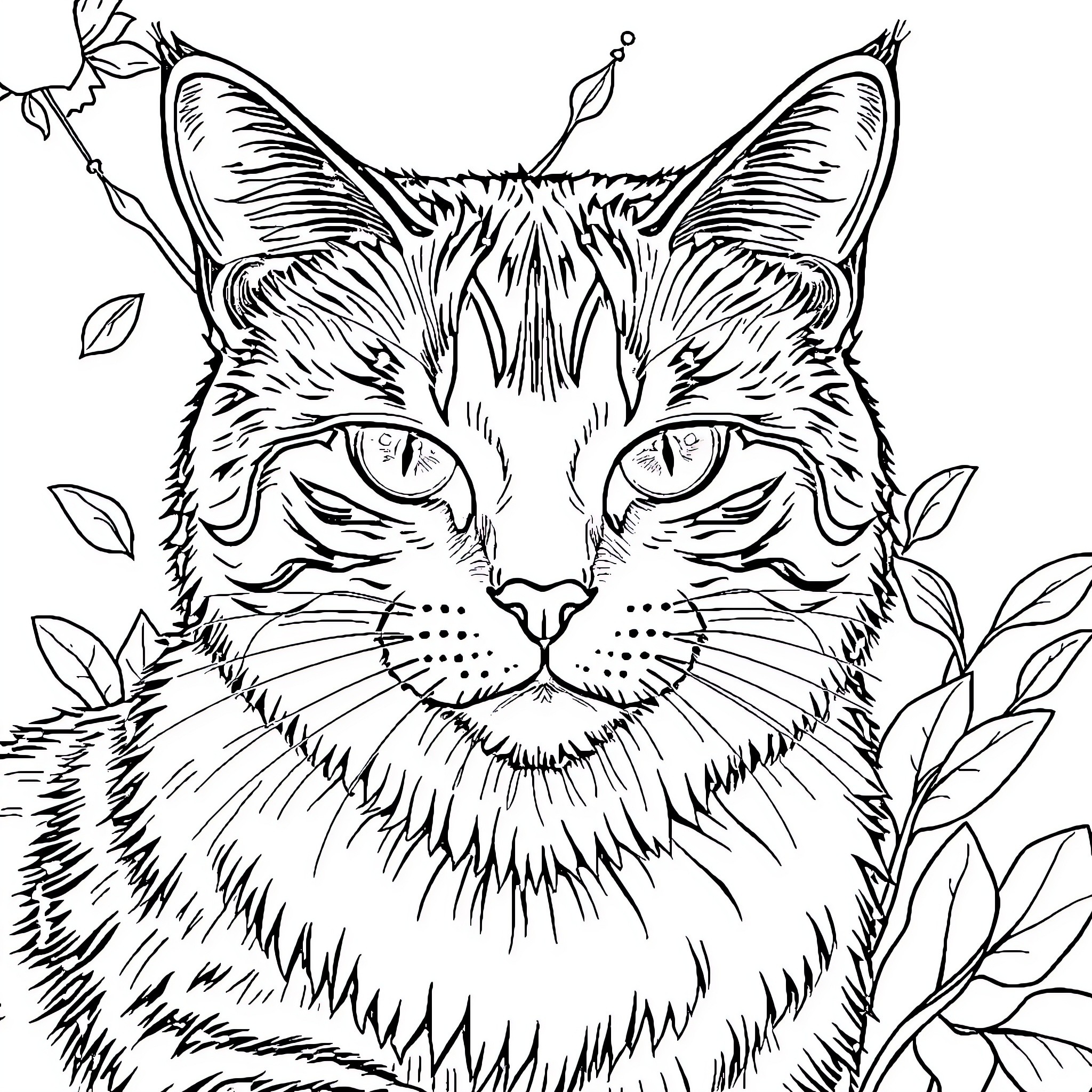 Cat amidst the leaves Coloring Page (free black-and-white line drawing printable PDF for all, from beginners to advanced learners, including children, teens, adults, and seniors)