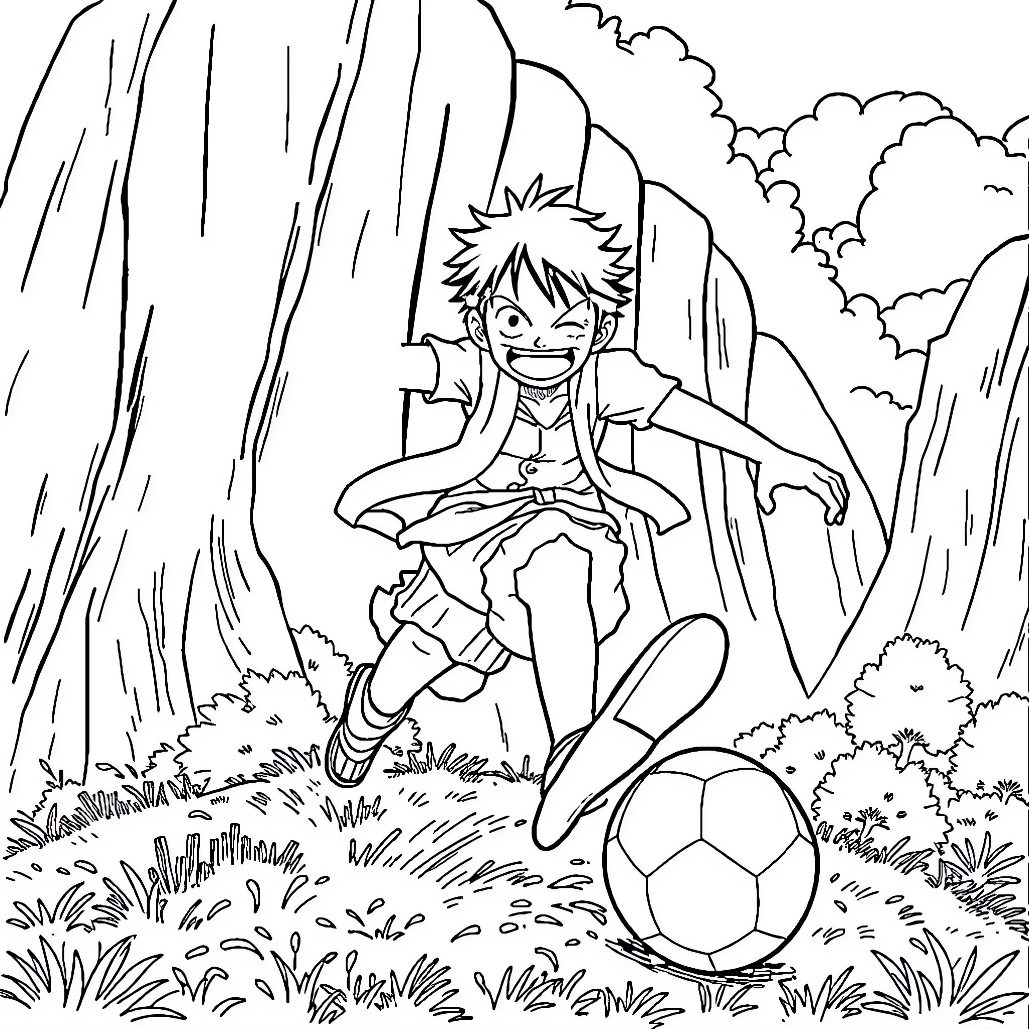 Luffy playing joyfully with a soccer ball in the forest Coloring Page (free black-and-white line drawing printable PDF for all, from beginners to advanced learners, including children, teens, adults, and seniors)