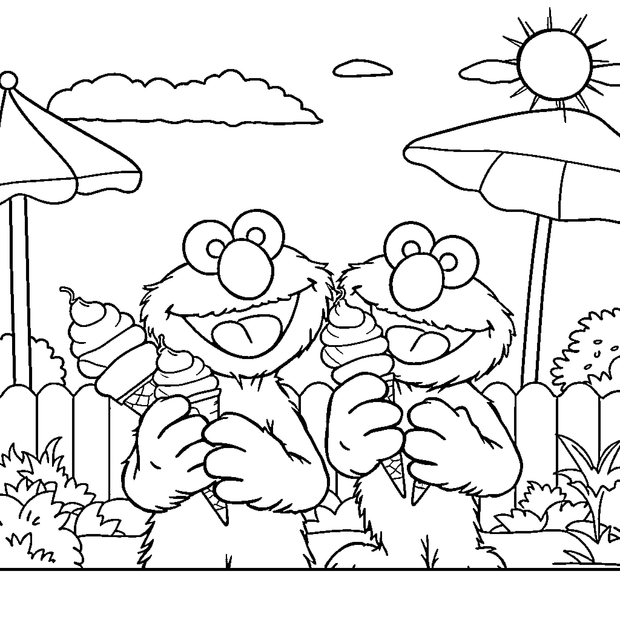 Elmo and friends enjoying ice cream on a sunny day Coloring Page (free black-and-white line drawing printable PDF for all, from beginners to advanced learners, including children, teens, adults, and seniors)