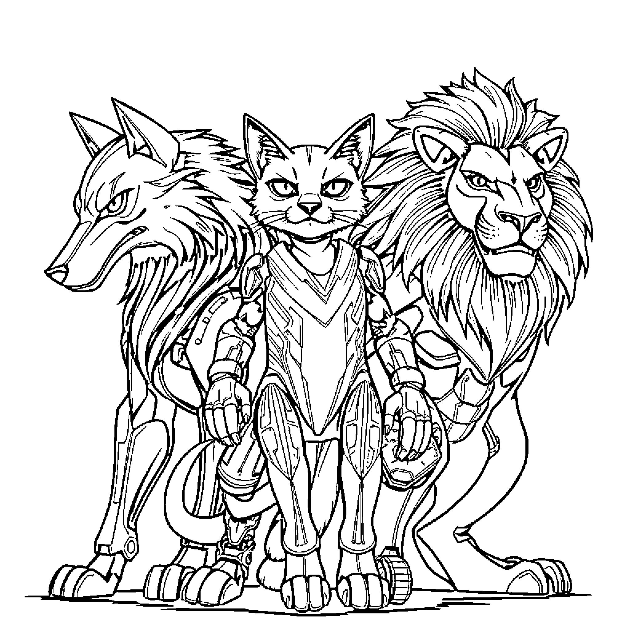 Robot fantasy creatures with wolf, cat, and lion Coloring Page (free black-and-white line drawing printable PDF for all, from beginners to advanced learners, including children, teens, adults, and seniors)
