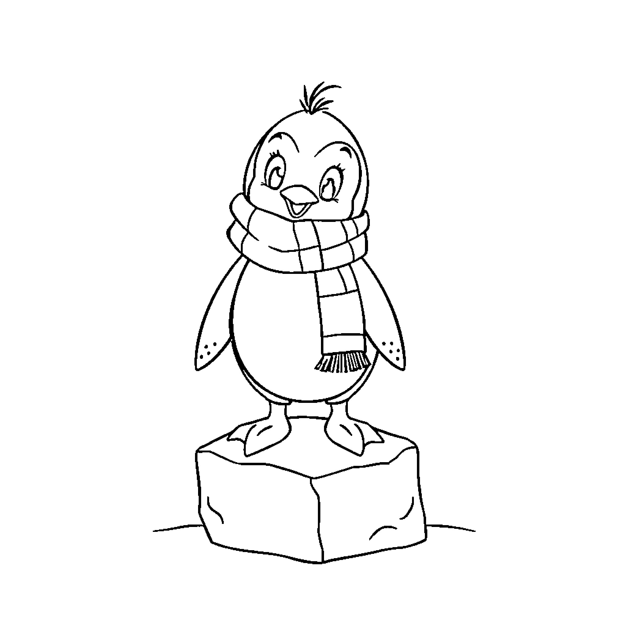 Penguin wearing a scarf standing on a rock Coloring Page (free black-and-white line drawing printable PDF for all, from beginners to advanced learners, including children, teens, adults, and seniors)