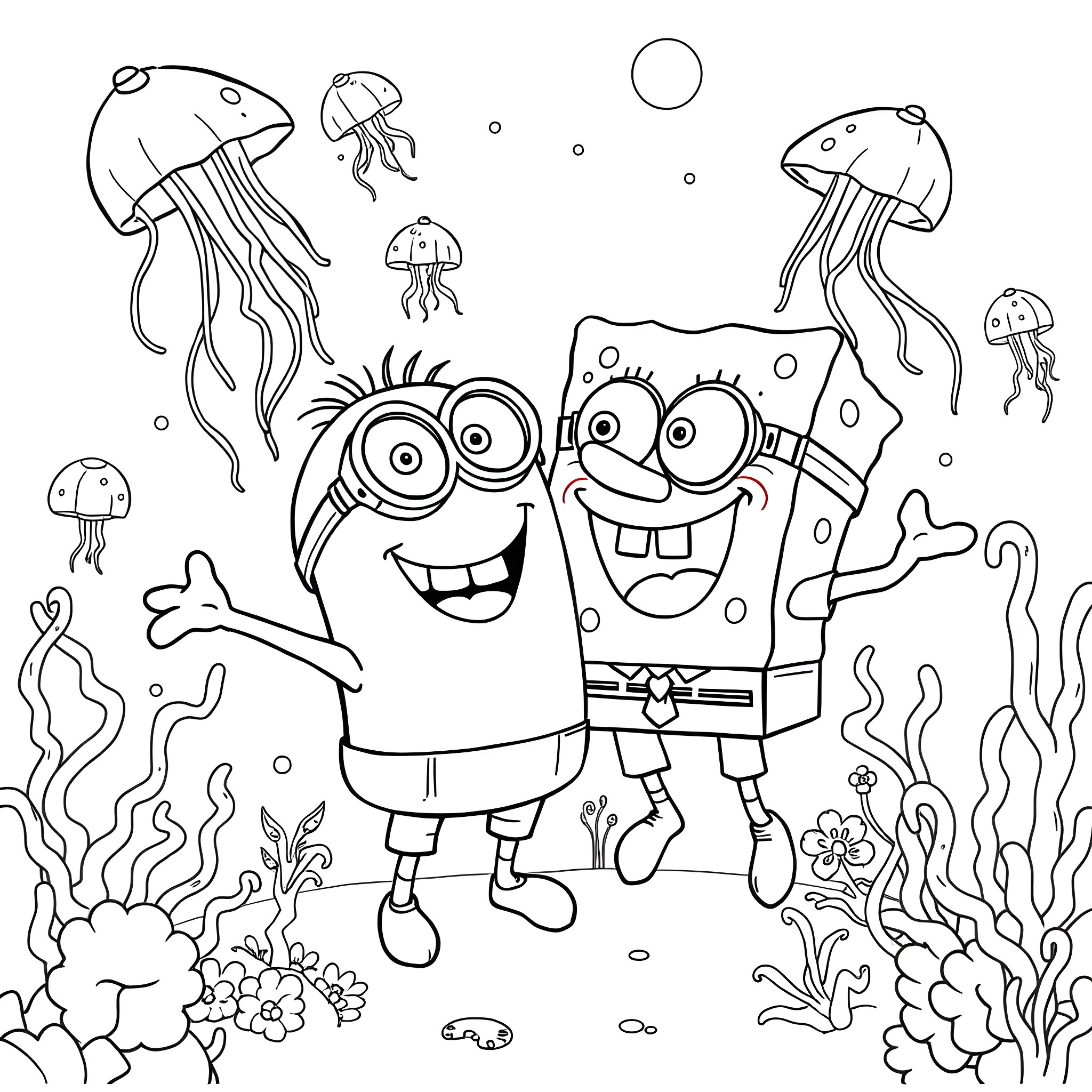 Minions exploring the underwater world Coloring Page (free black-and-white line drawing printable PDF for all, from beginners to advanced learners, including children, teens, adults, and seniors)