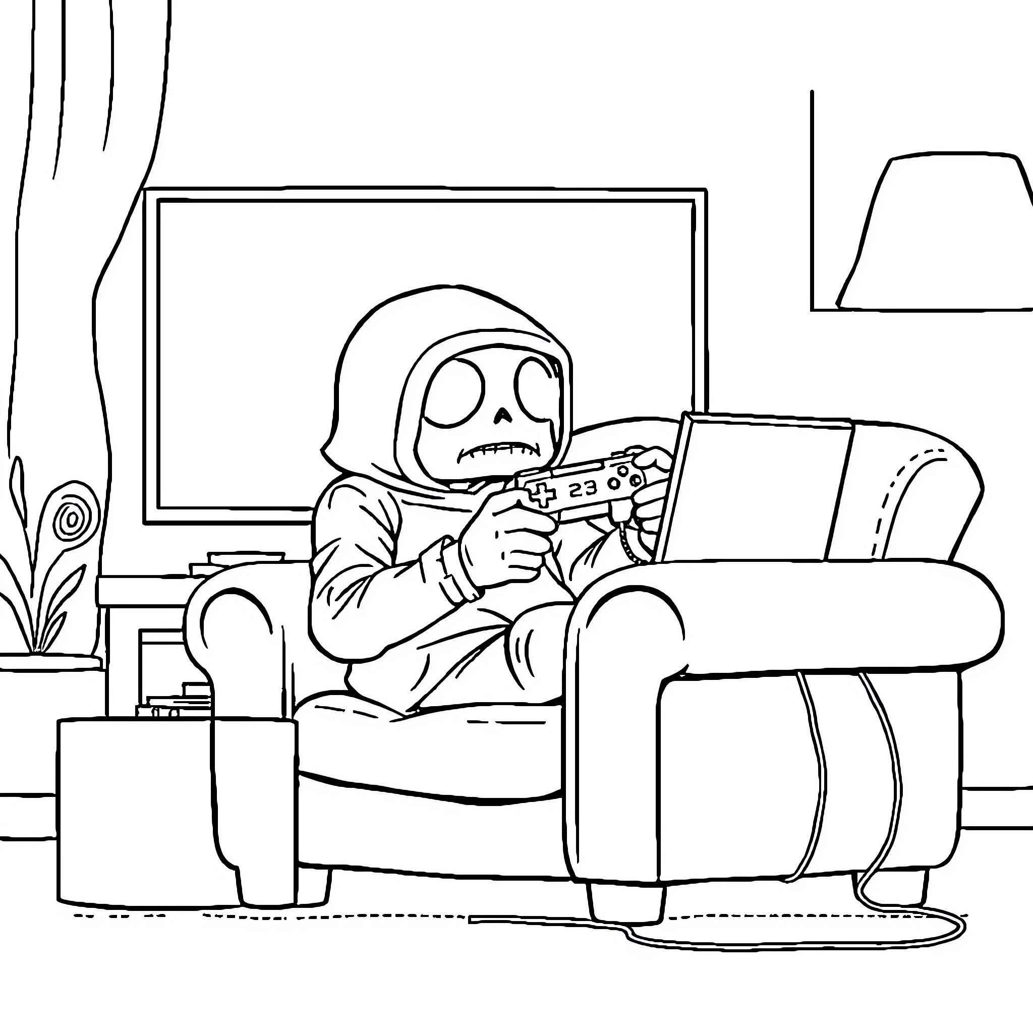 Creeper playing video games alone at home Coloring Page (free black-and-white line drawing printable PDF for all, from beginners to advanced learners, including children, teens, adults, and seniors)