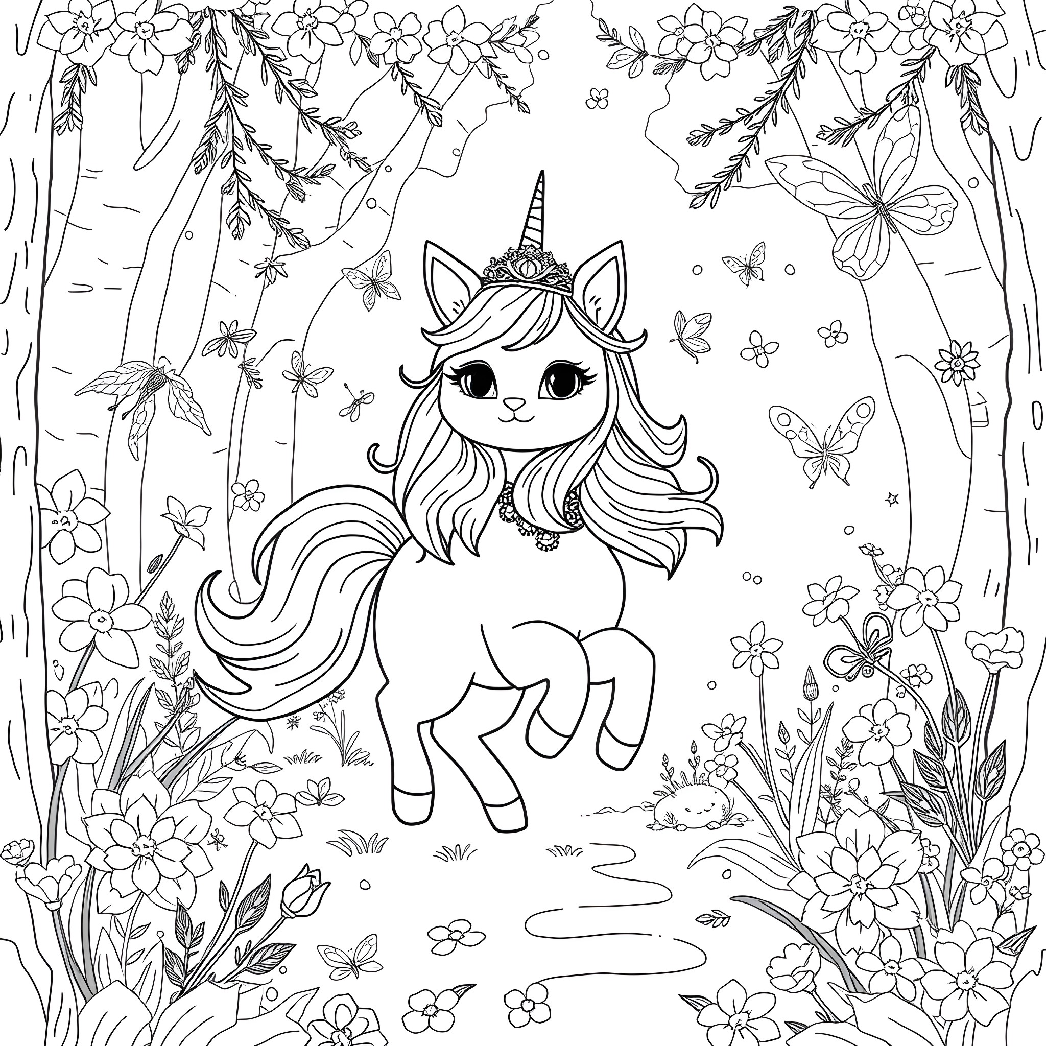 Unicorn frolicking in a magical floral forest Coloring Page (free black-and-white line drawing printable PDF for all, from beginners to advanced learners, including children, teens, adults, and seniors)