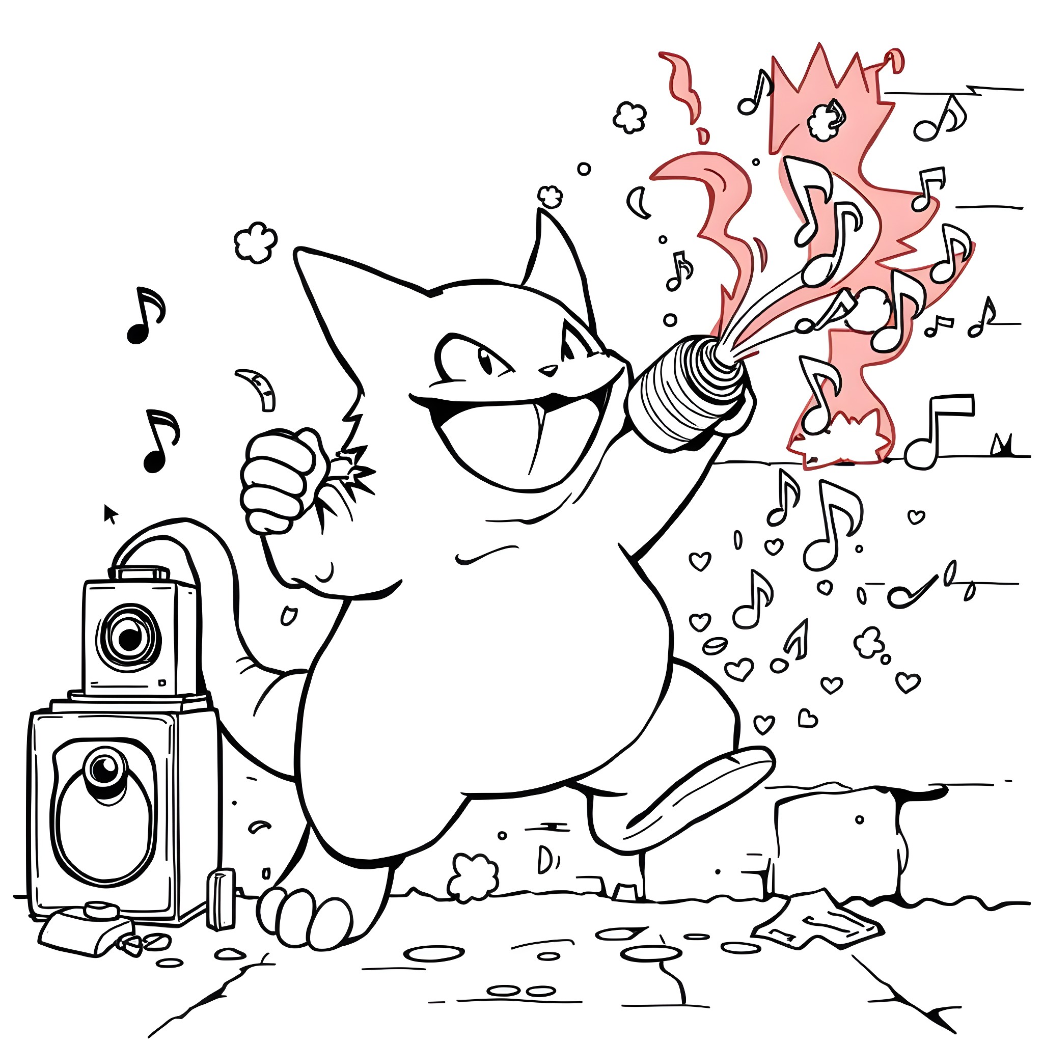 Gengar jamming out with music equipment Coloring Page (free black-and-white line drawing printable PDF for all, from beginners to advanced learners, including children, teens, adults, and seniors)