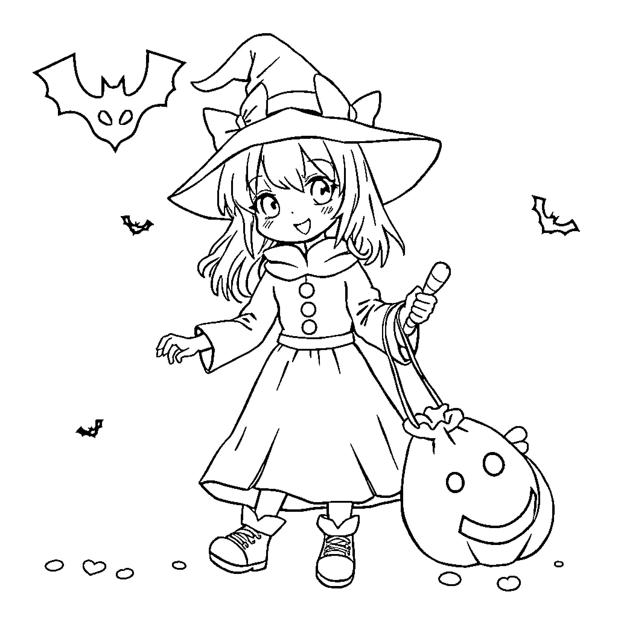 Kuromi's Halloween Adventure Coloring Page (free black-and-white line drawing printable PDF for all, from beginners to advanced learners, including children, teens, adults, and seniors)
