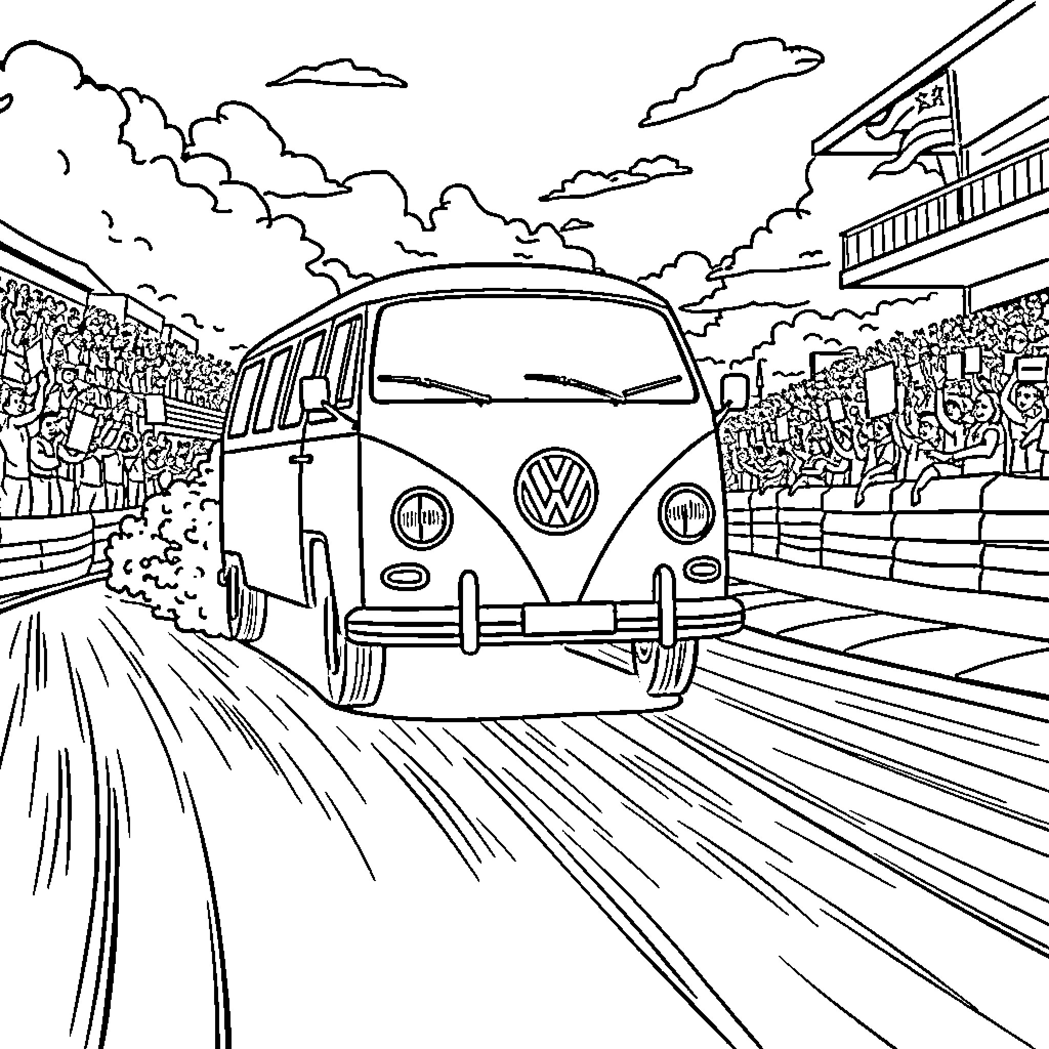 VW Bulli driving through crowd on road Coloring Page (free black-and-white line drawing printable PDF for all, from beginners to advanced learners, including children, teens, adults, and seniors)
