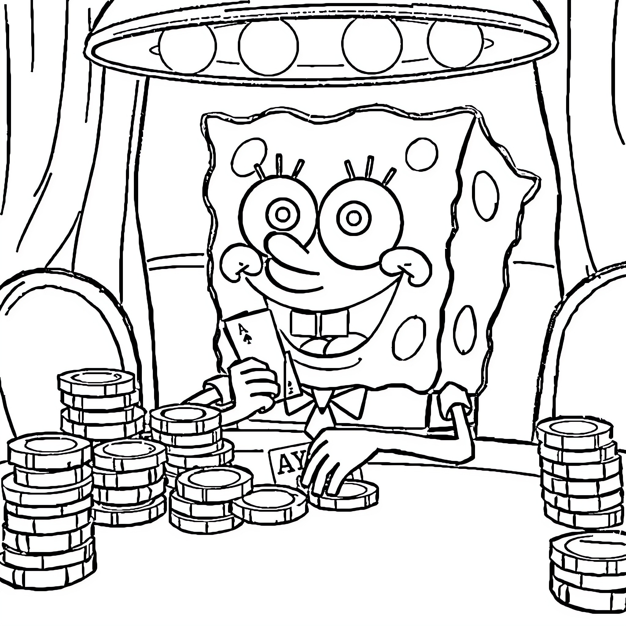 Spongebob counting money under UFO Coloring Page (free black-and-white line drawing printable PDF for all, from beginners to advanced learners, including children, teens, adults, and seniors)