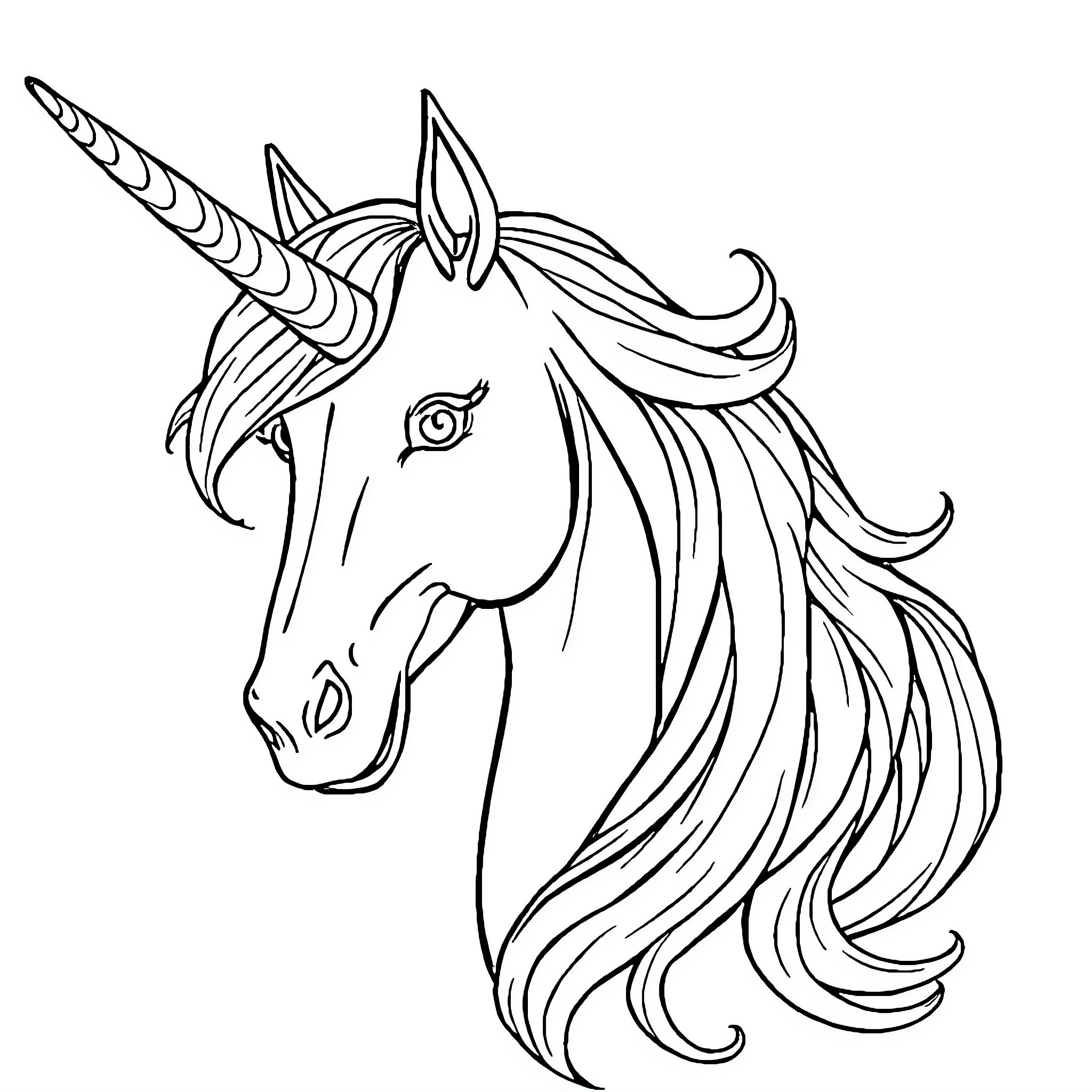 Unicorn with flowing mane and horn Coloring Page (free black-and-white line drawing printable PDF for all, from beginners to advanced learners, including children, teens, adults, and seniors)