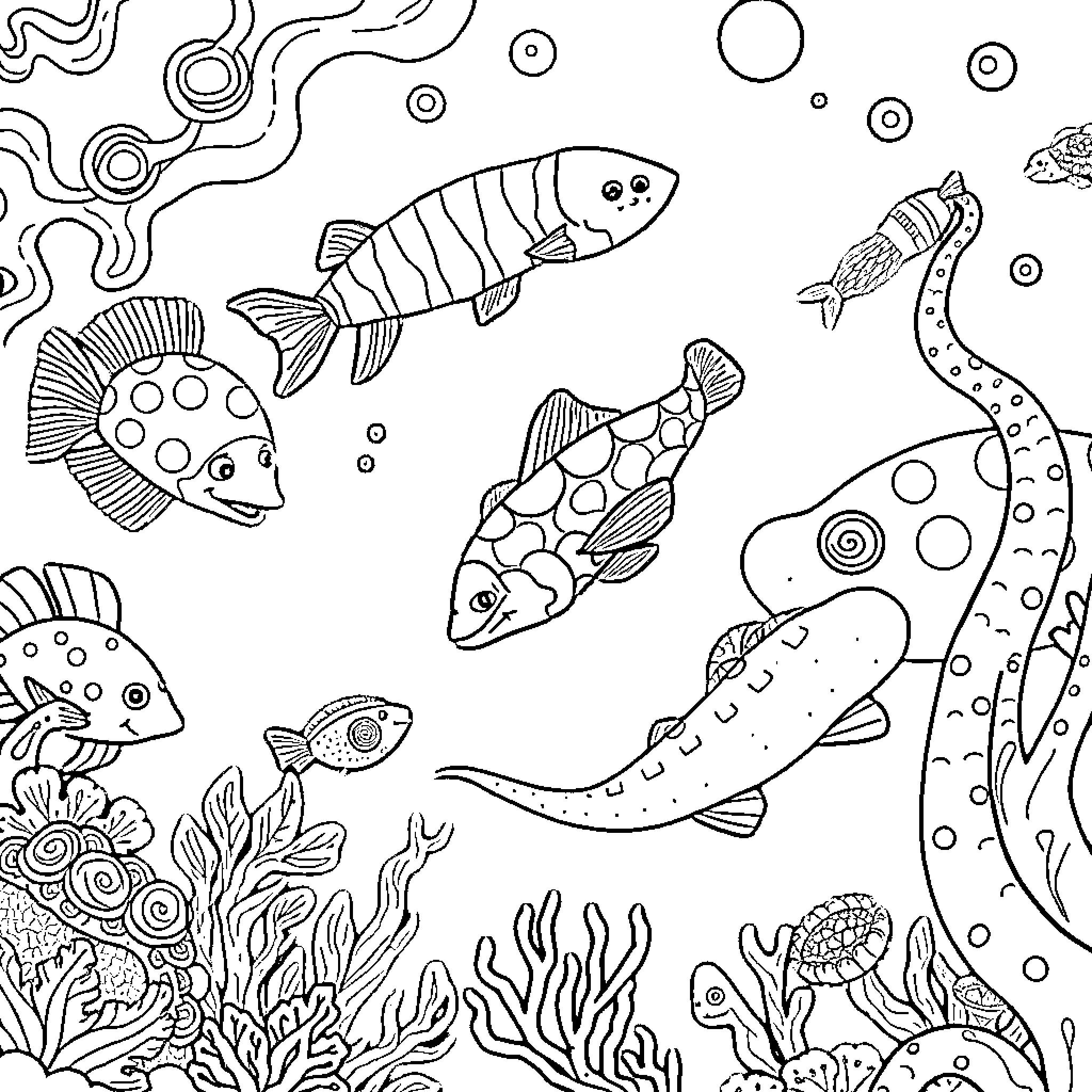 Sea Creature Underwater Adventure Coloring Page (free black-and-white line drawing printable PDF for all, from beginners to advanced learners, including children, teens, adults, and seniors)
