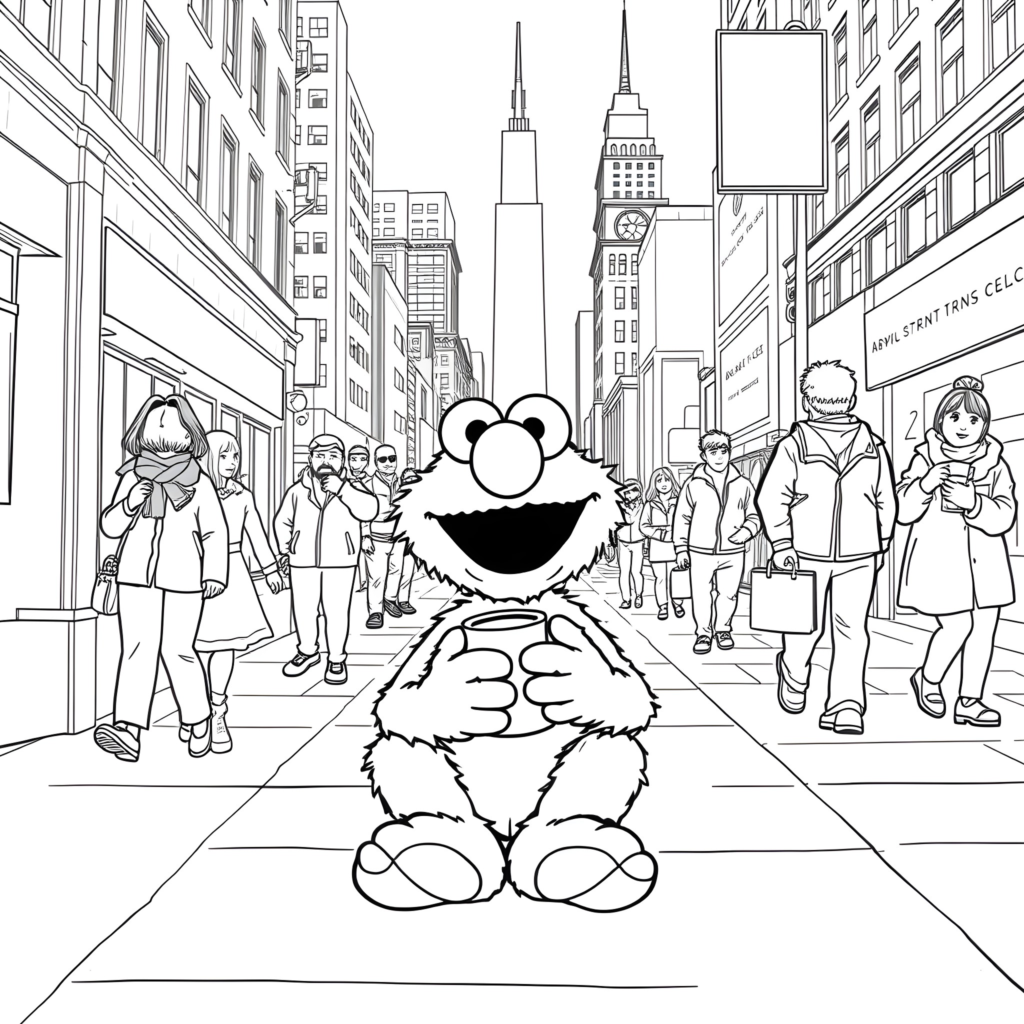 Elmo exploring the busy city streets Coloring Page (free black-and-white line drawing printable PDF for all, from beginners to advanced learners, including children, teens, adults, and seniors)