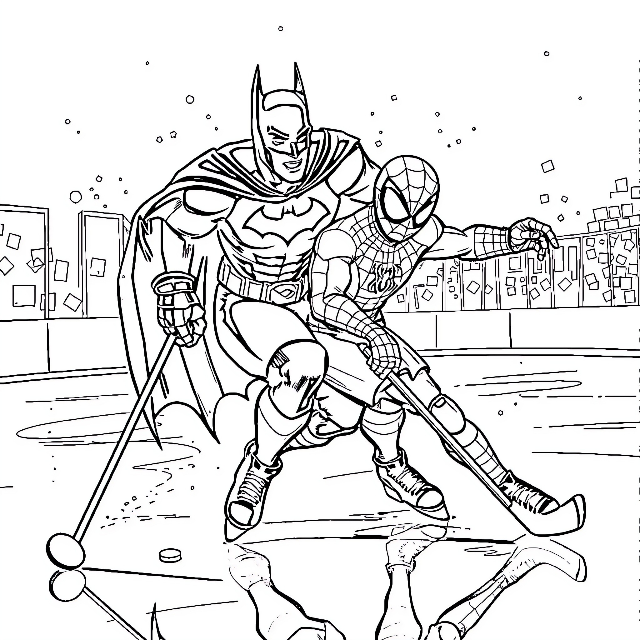 Batman and Spider-Man Battling Together Coloring Page (free black-and-white line drawing printable PDF for all, from beginners to advanced learners, including children, teens, adults, and seniors)