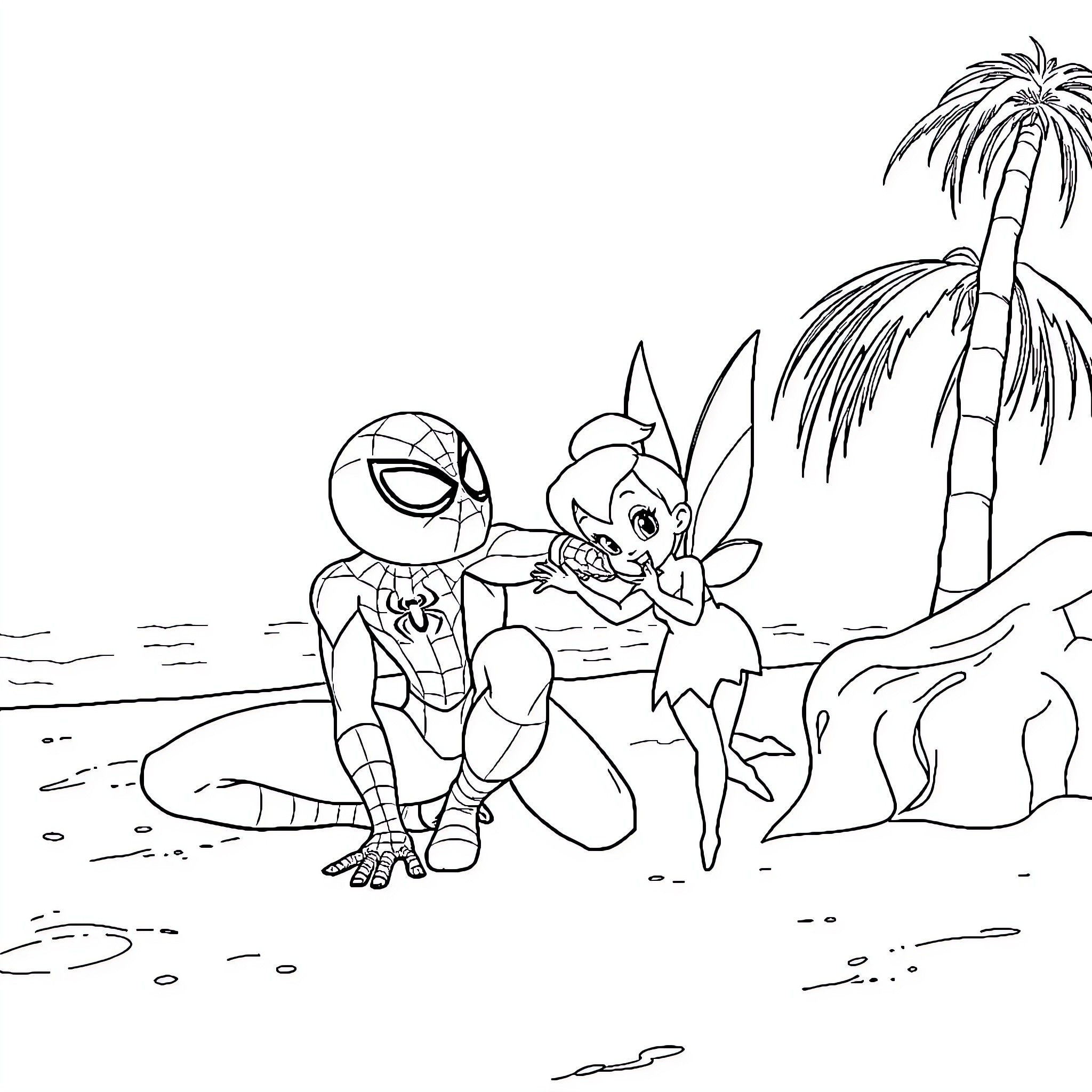 Spiderman playing with fairy on the beach Coloring Page (free black-and-white line drawing printable PDF for all, from beginners to advanced learners, including children, teens, adults, and seniors)