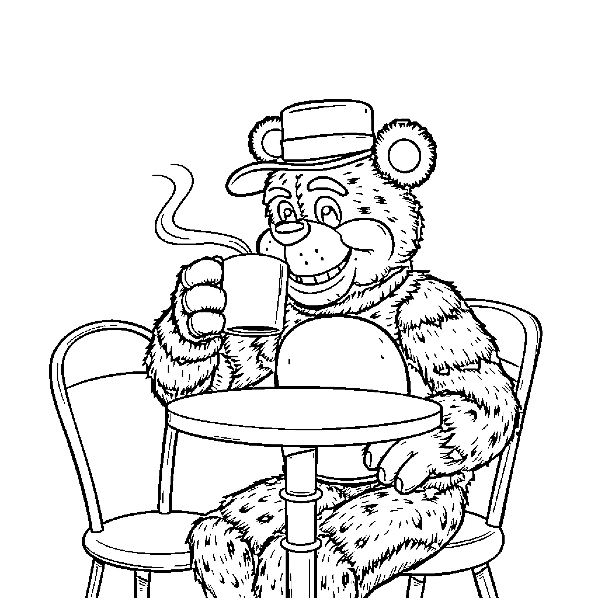 Freddy the Furry Barista Serving Up Cheer Coloring Page (free black-and-white line drawing printable PDF for all, from beginners to advanced learners, including children, teens, adults, and seniors)
