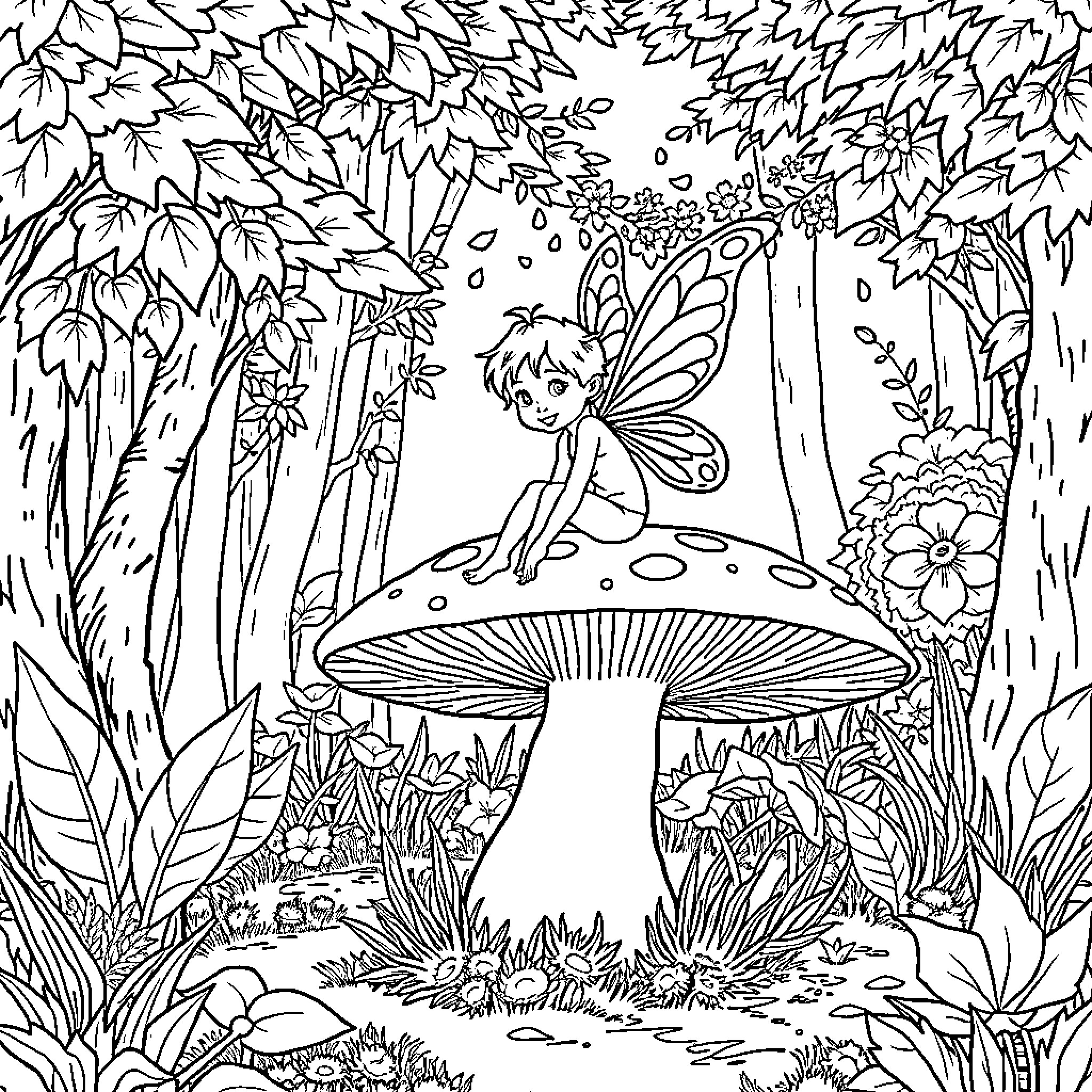 Fairy sitting on a mushroom in the enchanted forest Coloring Page (free black-and-white line drawing printable PDF for all, from beginners to advanced learners, including children, teens, adults, and seniors)