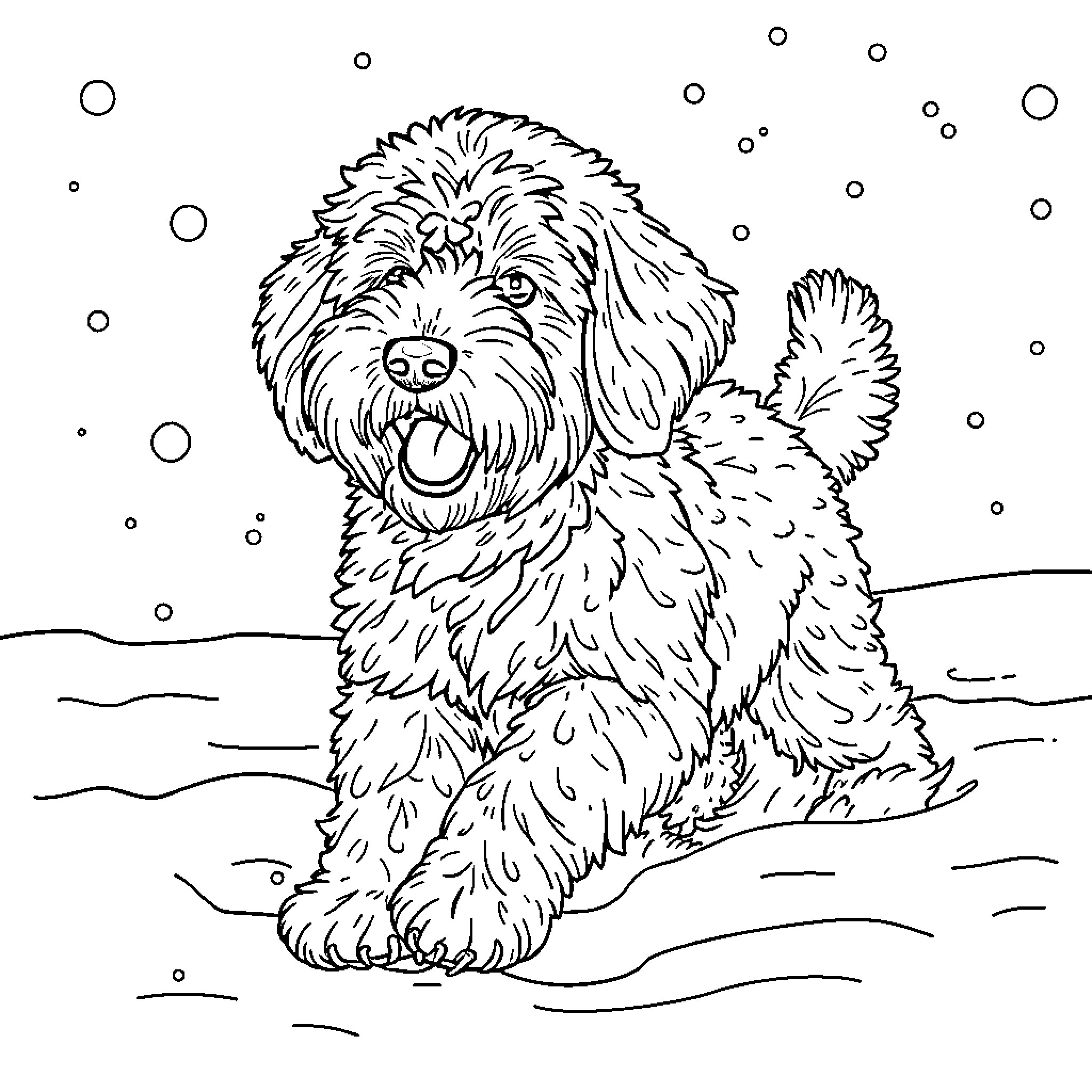 Doodle Dog enjoying a snowy day Coloring Page (free black-and-white line drawing printable PDF for all, from beginners to advanced learners, including children, teens, adults, and seniors)
