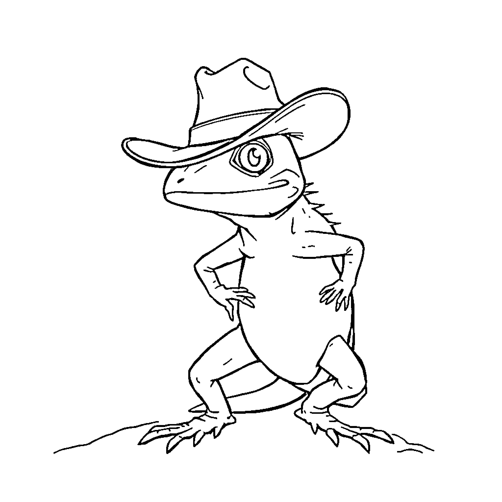 Lizard wearing cowboy hat in action Coloring Page (free black-and-white line drawing printable PDF for all, from beginners to advanced learners, including children, teens, adults, and seniors)