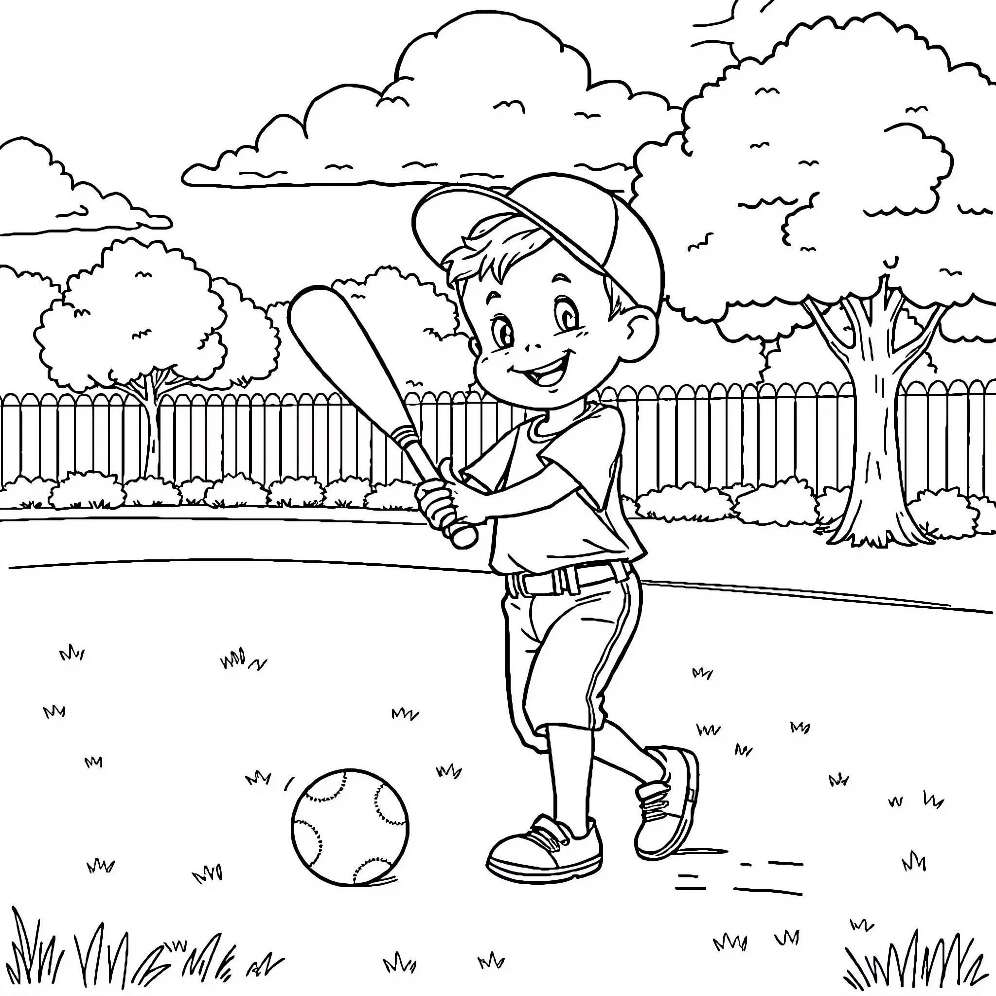 Boy playing baseball in the backyard Coloring Page (free black-and-white line drawing printable PDF for all, from beginners to advanced learners, including children, teens, adults, and seniors)