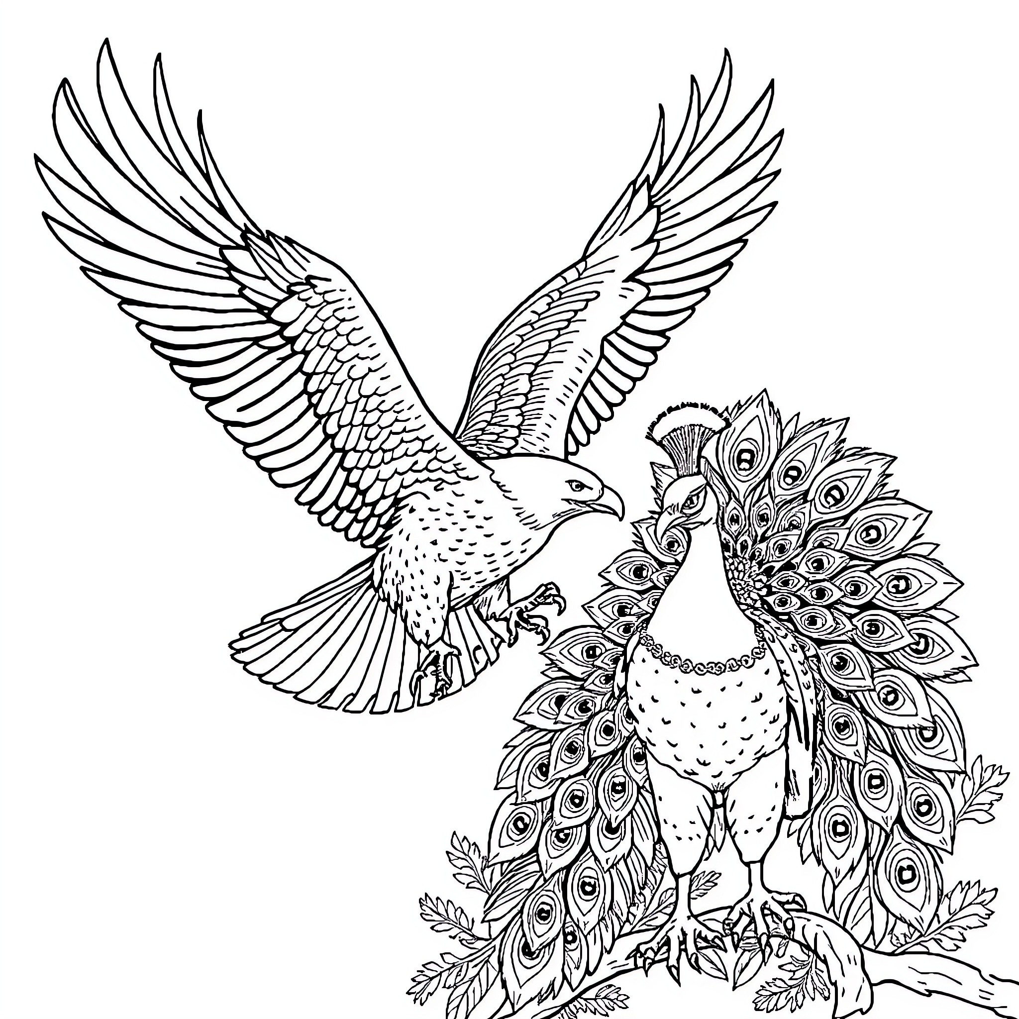 Eagle with Majestic Feathers in Flight Coloring Page (free black-and-white line drawing printable PDF for all, from beginners to advanced learners, including children, teens, adults, and seniors)