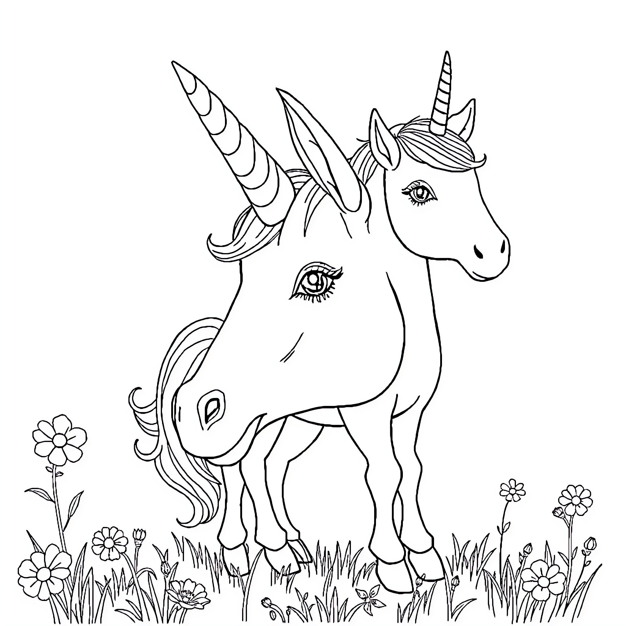 Evoli the Enchanting Unicorn in a Whimsical Garden Coloring Page (free black-and-white line drawing printable PDF for all, from beginners to advanced learners, including children, teens, adults, and seniors)