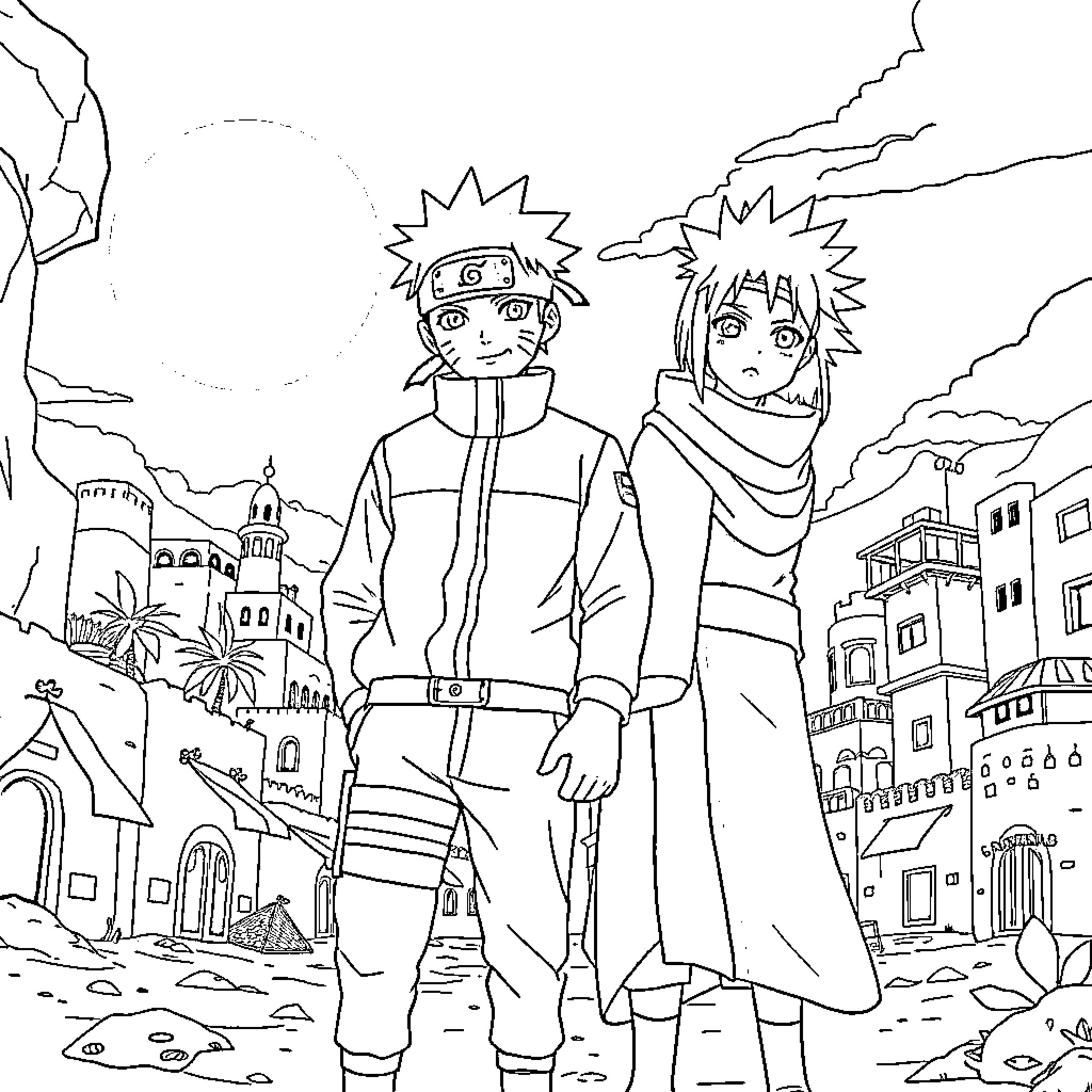 Naruto and Sasuke in Heroic Poses Coloring Page (free black-and-white line drawing printable PDF for all, from beginners to advanced learners, including children, teens, adults, and seniors)