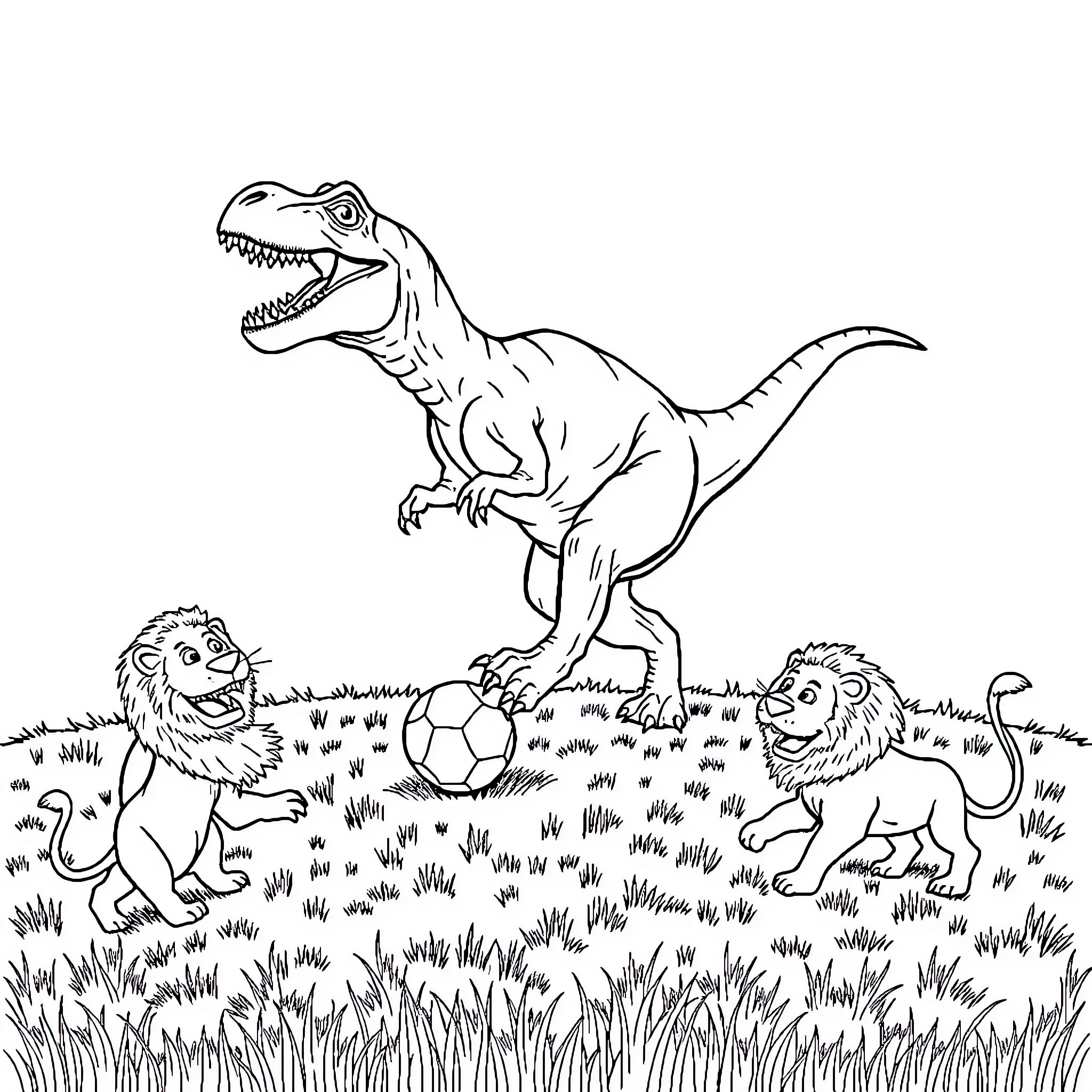 T-Rex playing with lions and soccer ball in field Coloring Page (free black-and-white line drawing printable PDF for all, from beginners to advanced learners, including children, teens, adults, and seniors)