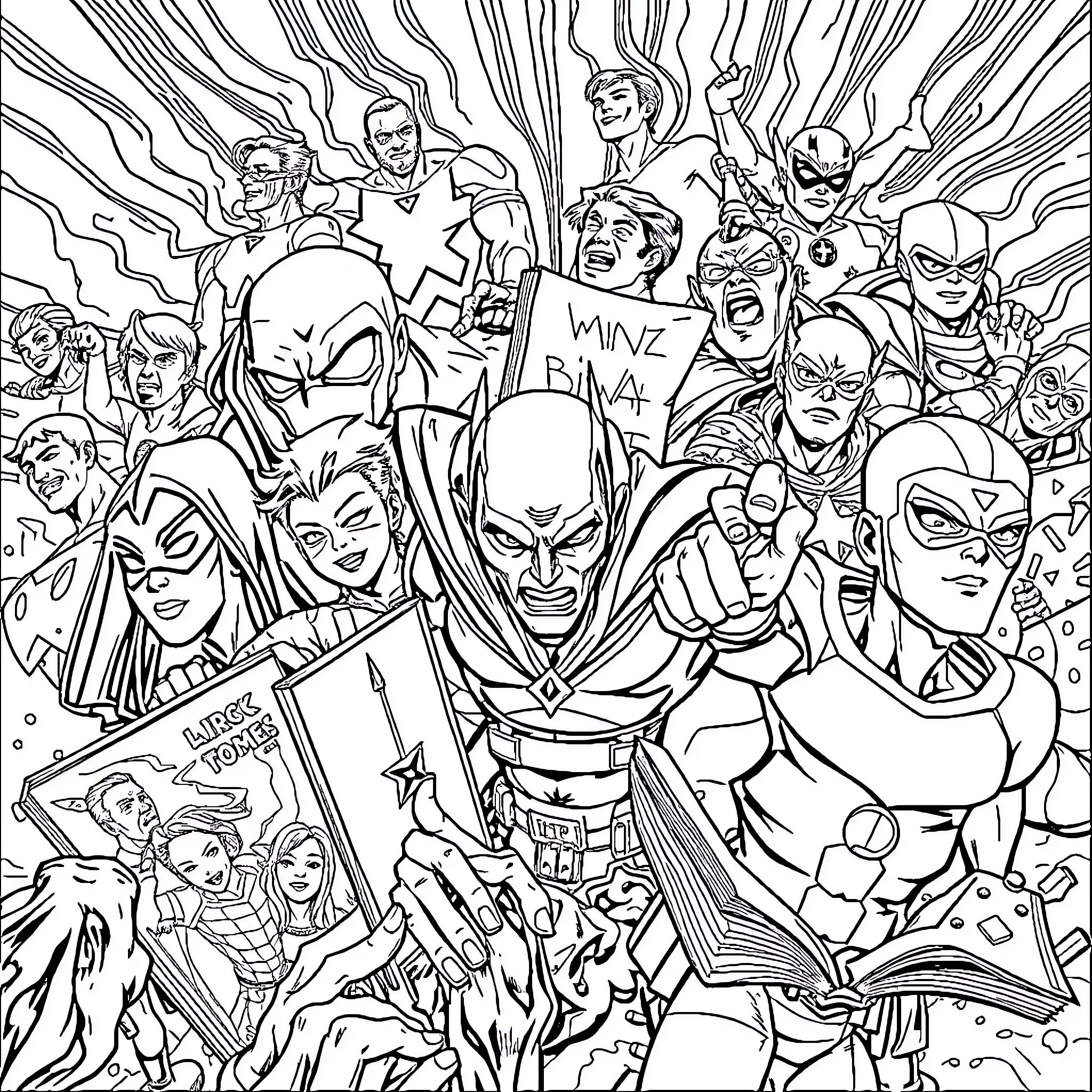 Marvel Heroes in Chaotic Heroic Encounter Coloring Page (free black-and-white line drawing printable PDF for all, from beginners to advanced learners, including children, teens, adults, and seniors)