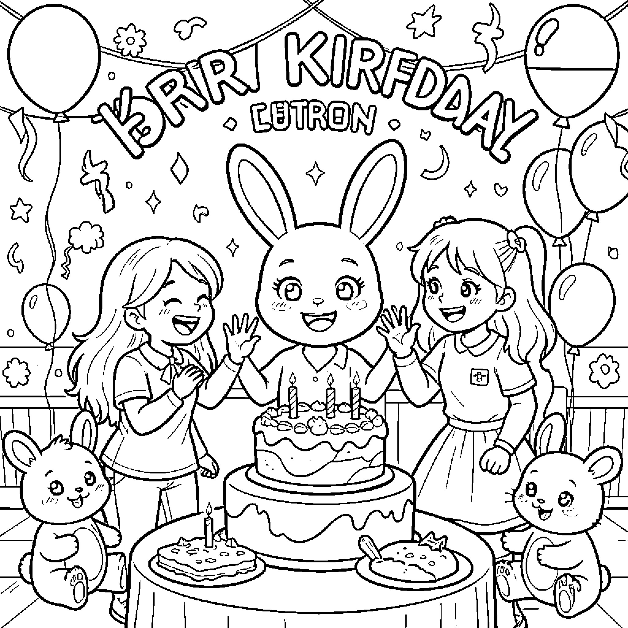 Bunny celebrating a birthday with friends and cake Coloring Page (free black-and-white line drawing printable PDF for all, from beginners to advanced learners, including children, teens, adults, and seniors)