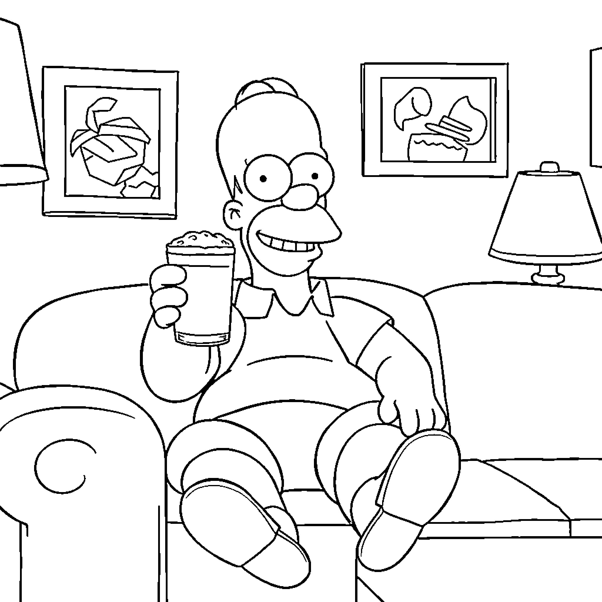 Homer Simpson enjoying a relaxing evening at home Coloring Page (free black-and-white line drawing printable PDF for all, from beginners to advanced learners, including children, teens, adults, and seniors)