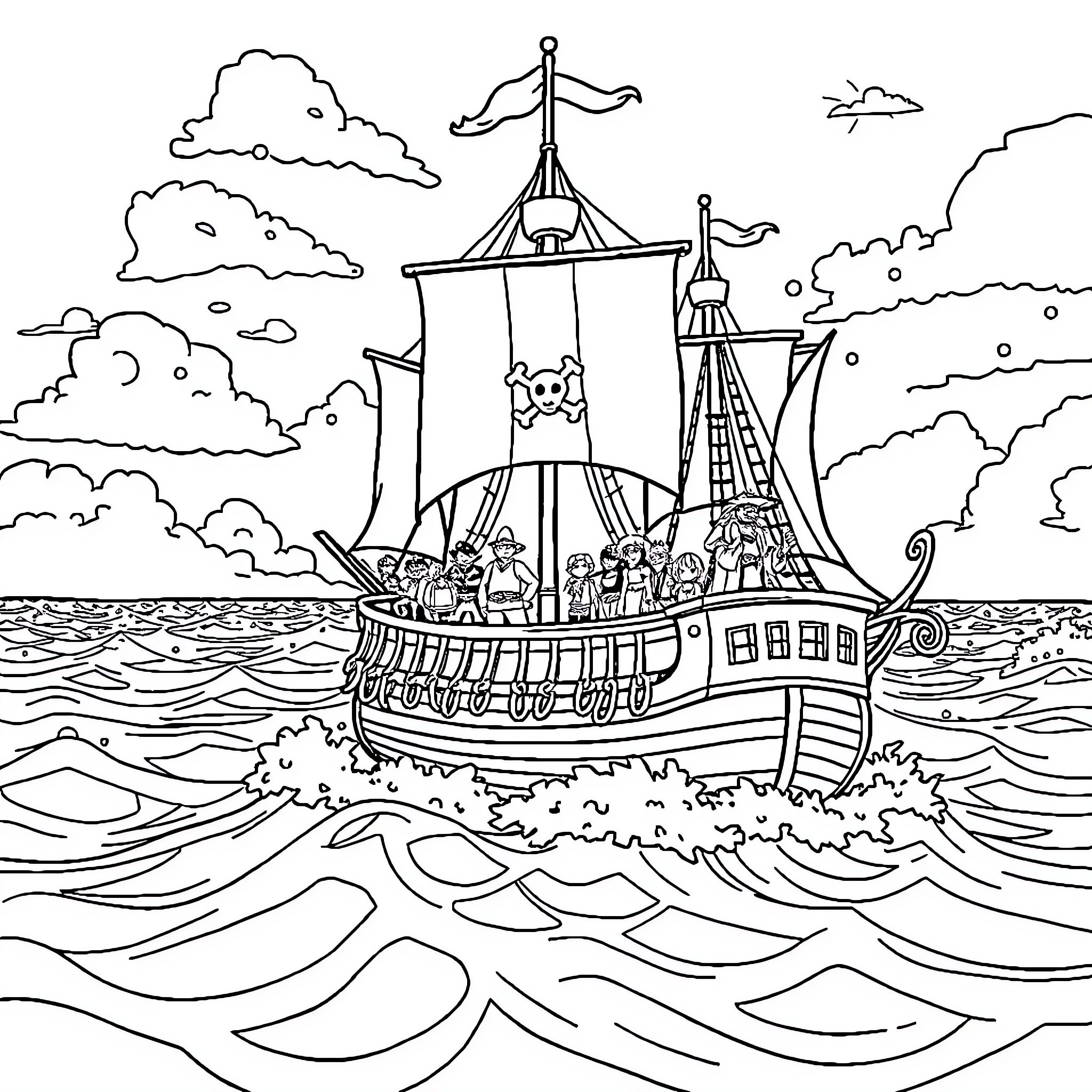 One Piece Pirate Ship Sailing on the High Seas Coloring Page (free black-and-white line drawing printable PDF for all, from beginners to advanced learners, including children, teens, adults, and seniors)