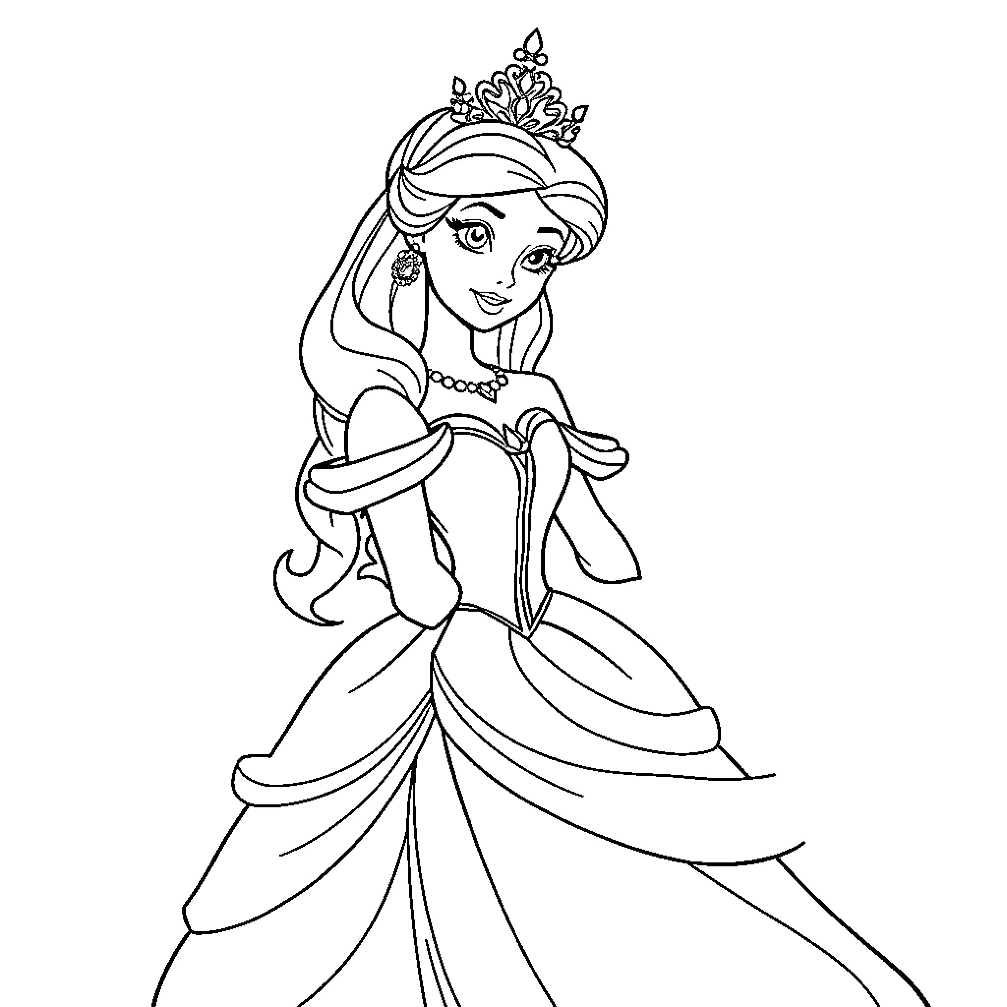 Disney Princess in Elegant Gown and Tiara Coloring Page (free black-and-white line drawing printable PDF for all, from beginners to advanced learners, including children, teens, adults, and seniors)
