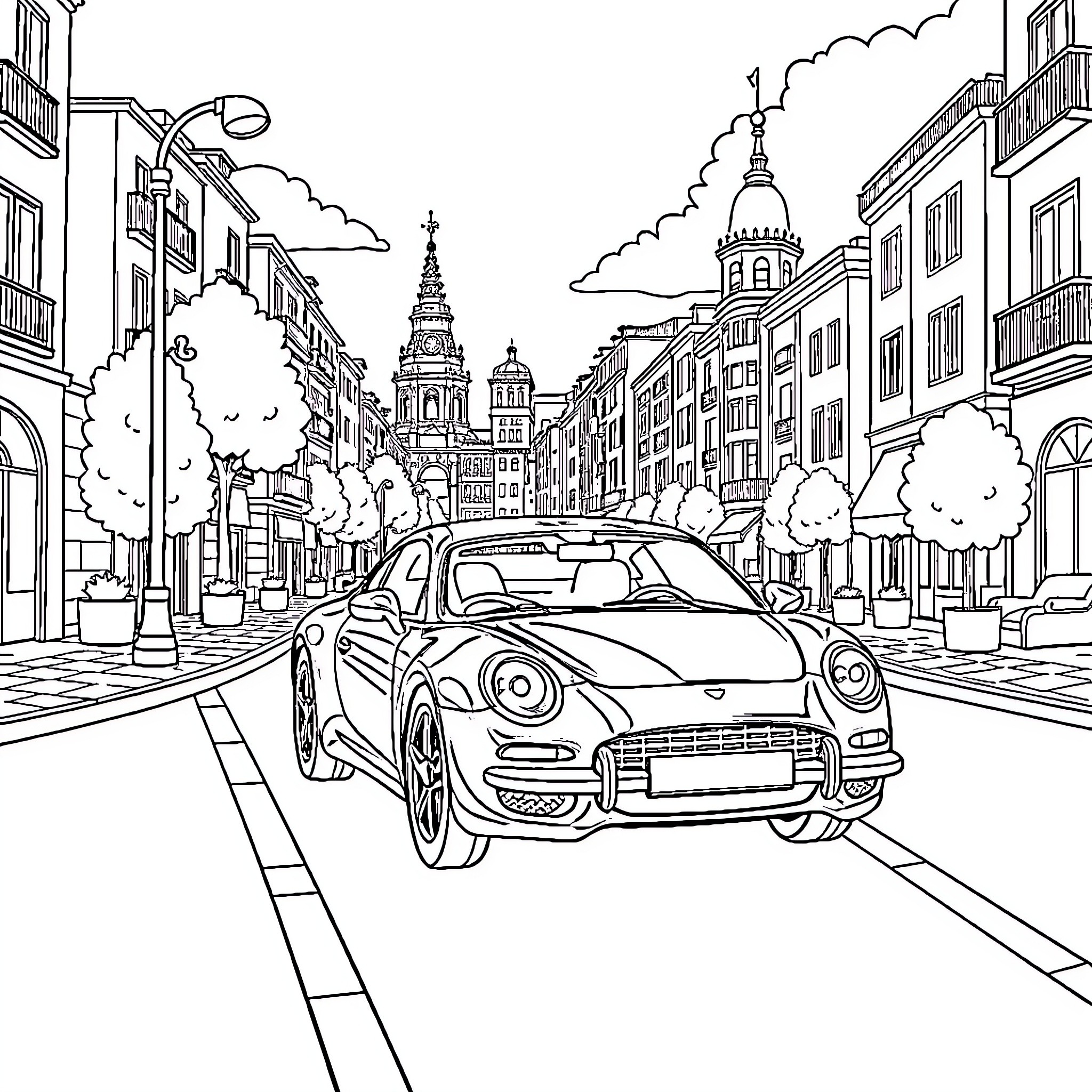 Car driving through a busy city street Coloring Page (free black-and-white line drawing printable PDF for all, from beginners to advanced learners, including children, teens, adults, and seniors)