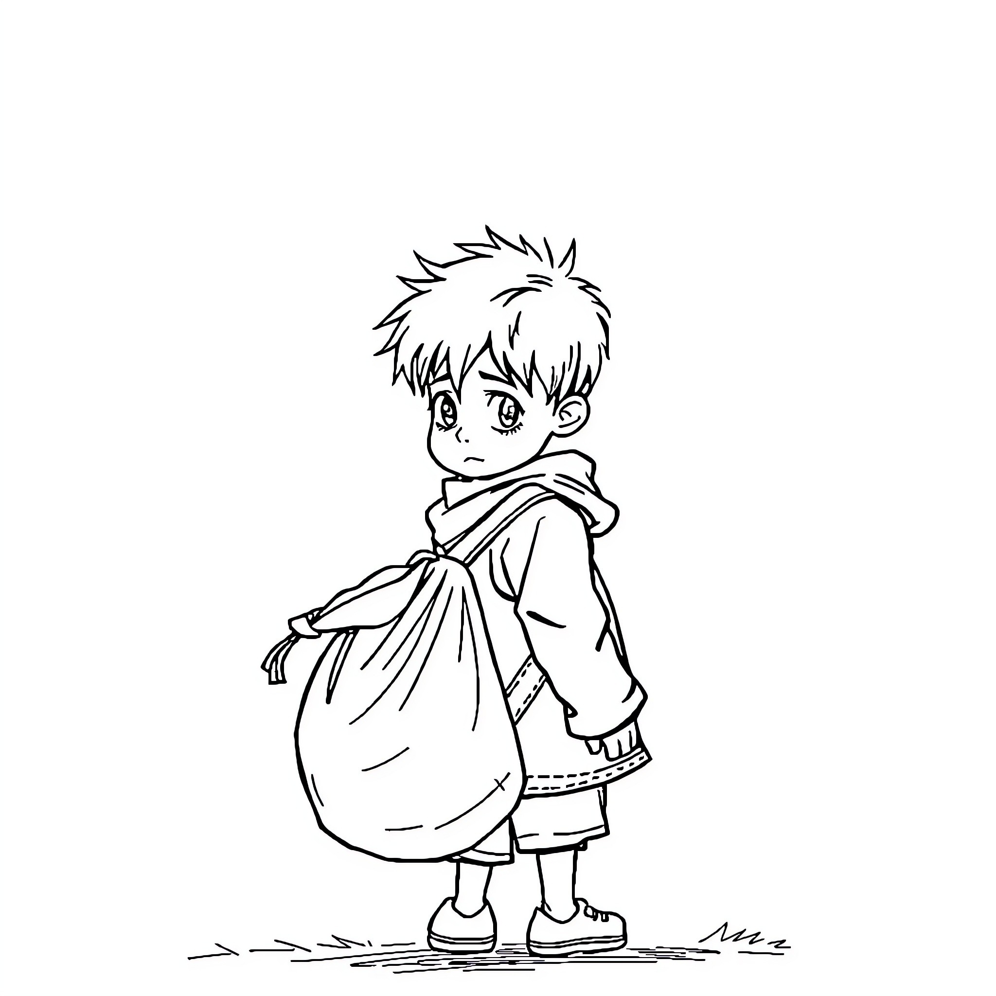Child in casual outfit walking outdoors Coloring Page (free black-and-white line drawing printable PDF for all, from beginners to advanced learners, including children, teens, adults, and seniors)