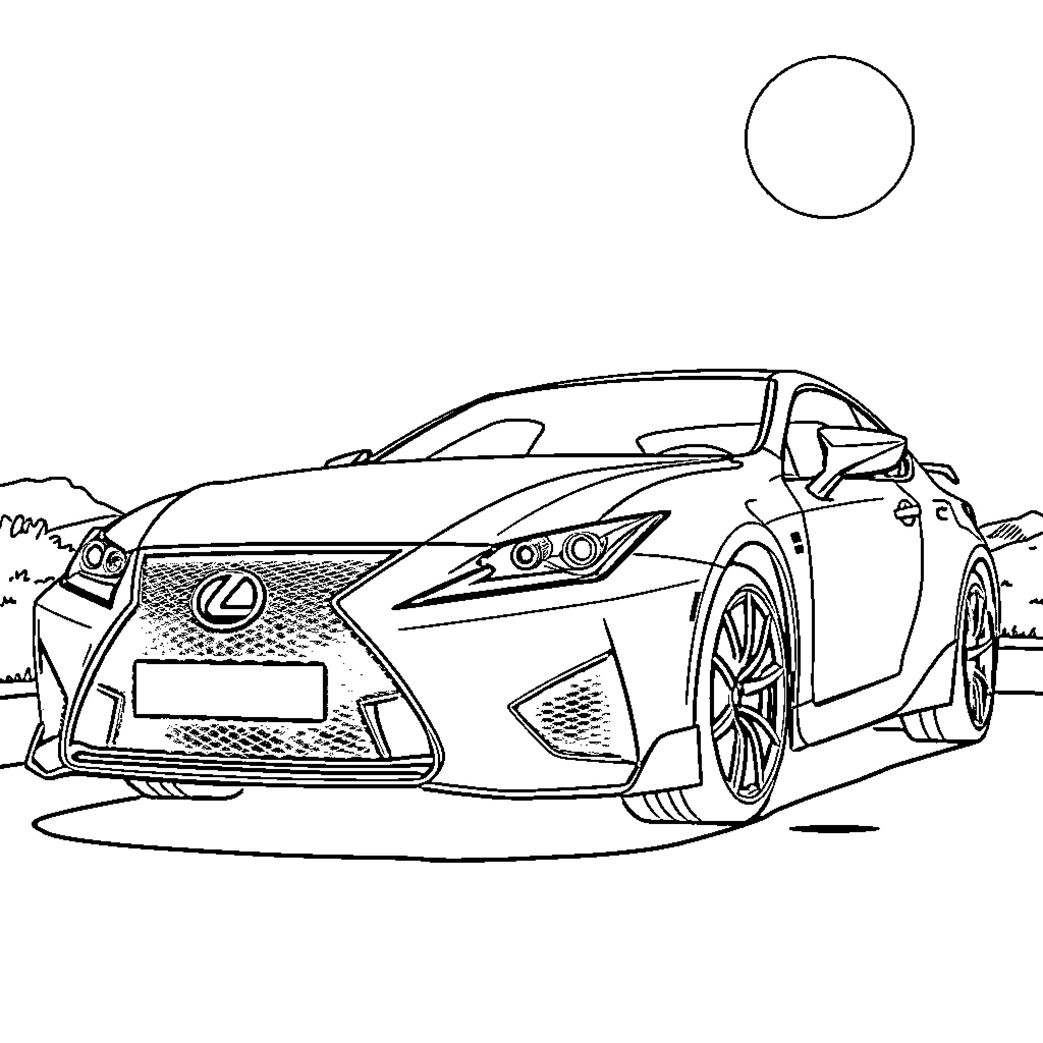 Lexus sports car on the road Coloring Page (free black-and-white line drawing printable PDF for all, from beginners to advanced learners, including children, teens, adults, and seniors)
