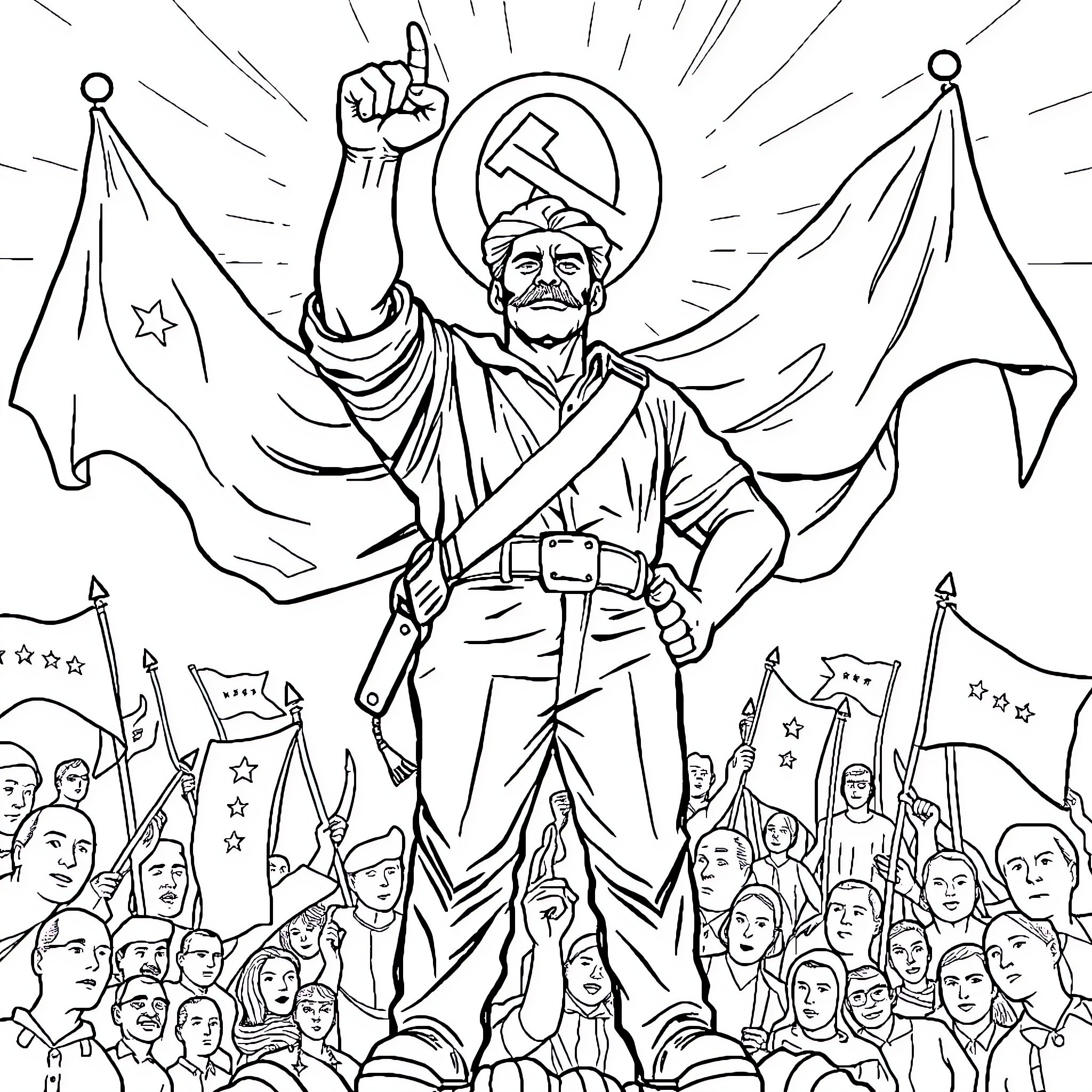 Hero leading a revolutionary movement with flags and symbols Coloring Page (free black-and-white line drawing printable PDF for all, from beginners to advanced learners, including children, teens, adults, and seniors)