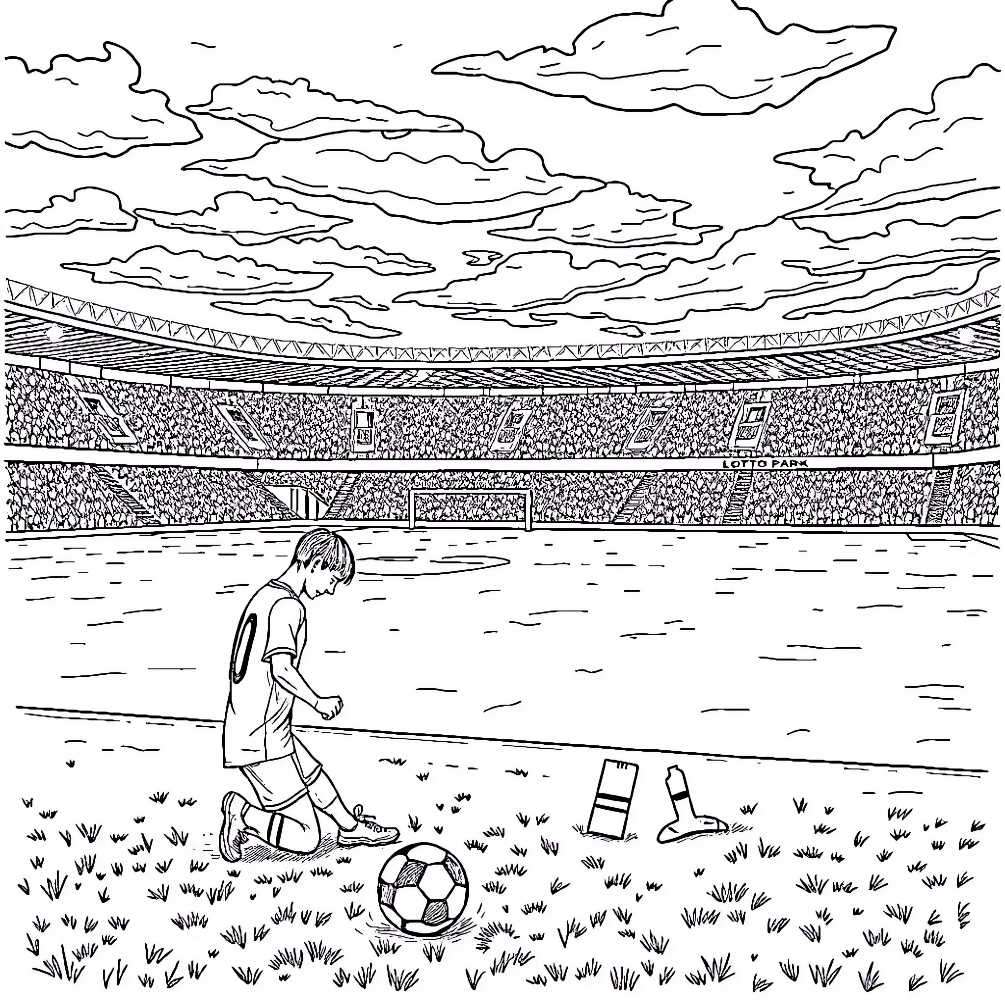 Footballer training alone on the field Coloring Page (free black-and-white line drawing printable PDF for all, from beginners to advanced learners, including children, teens, adults, and seniors)